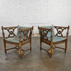 Mediterranean Spanish Revival Pair Ceruse Chairs Rush Seats Blue Loose Cushions