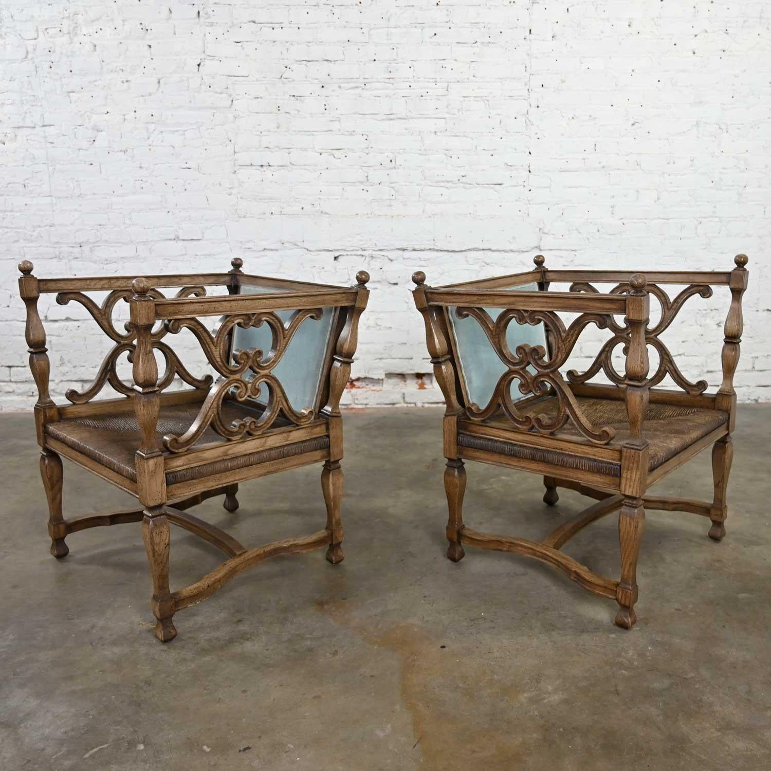 Mediterranean Spanish Revival Pair Ceruse Chairs Rush Seats Blue Loose Cushions In Good Condition For Sale In Topeka, KS
