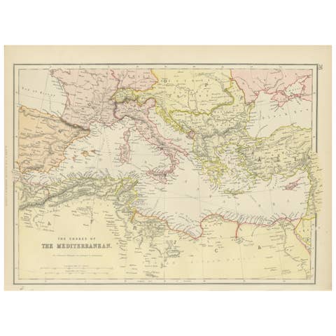 19th Century Antique Map of Mediterranean Shores by Blackie & Son