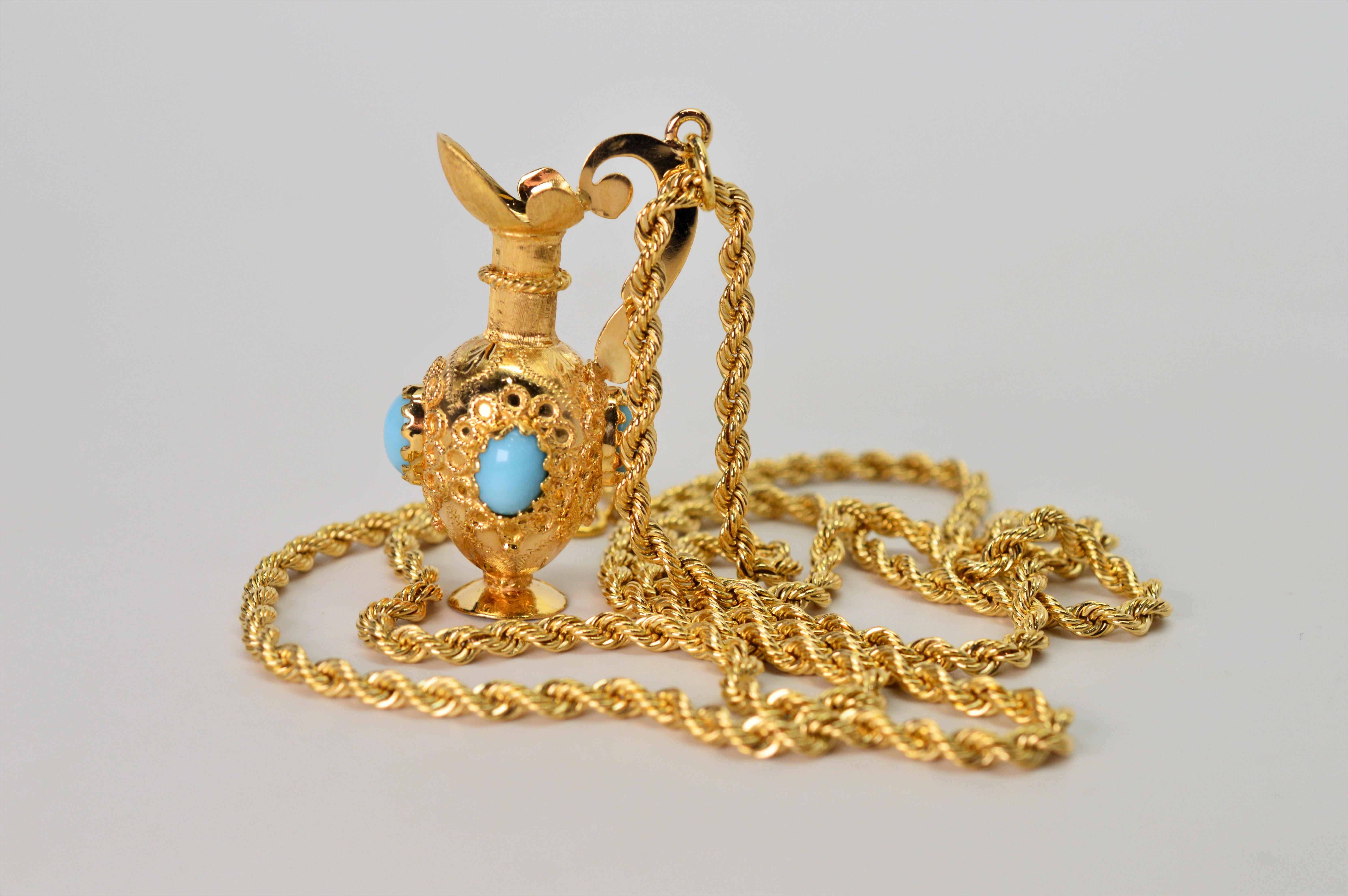 18K Vessel Charm Pendant w Turquoise Cabochon Accents 14K Yellow Gold Necklace In Excellent Condition For Sale In Mount Kisco, NY