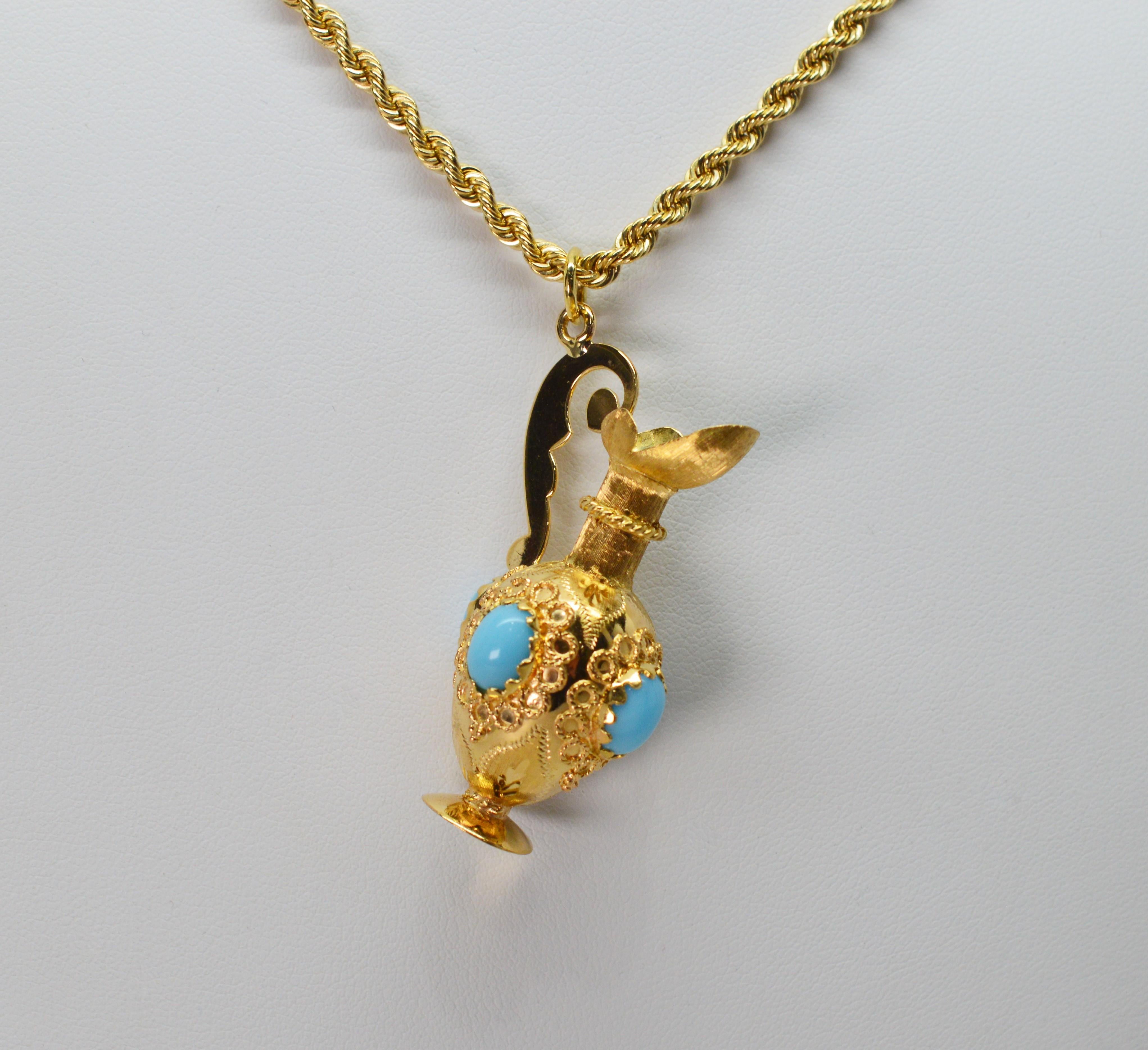 Women's 18K Vessel Charm Pendant w Turquoise Cabochon Accents 14K Yellow Gold Necklace For Sale