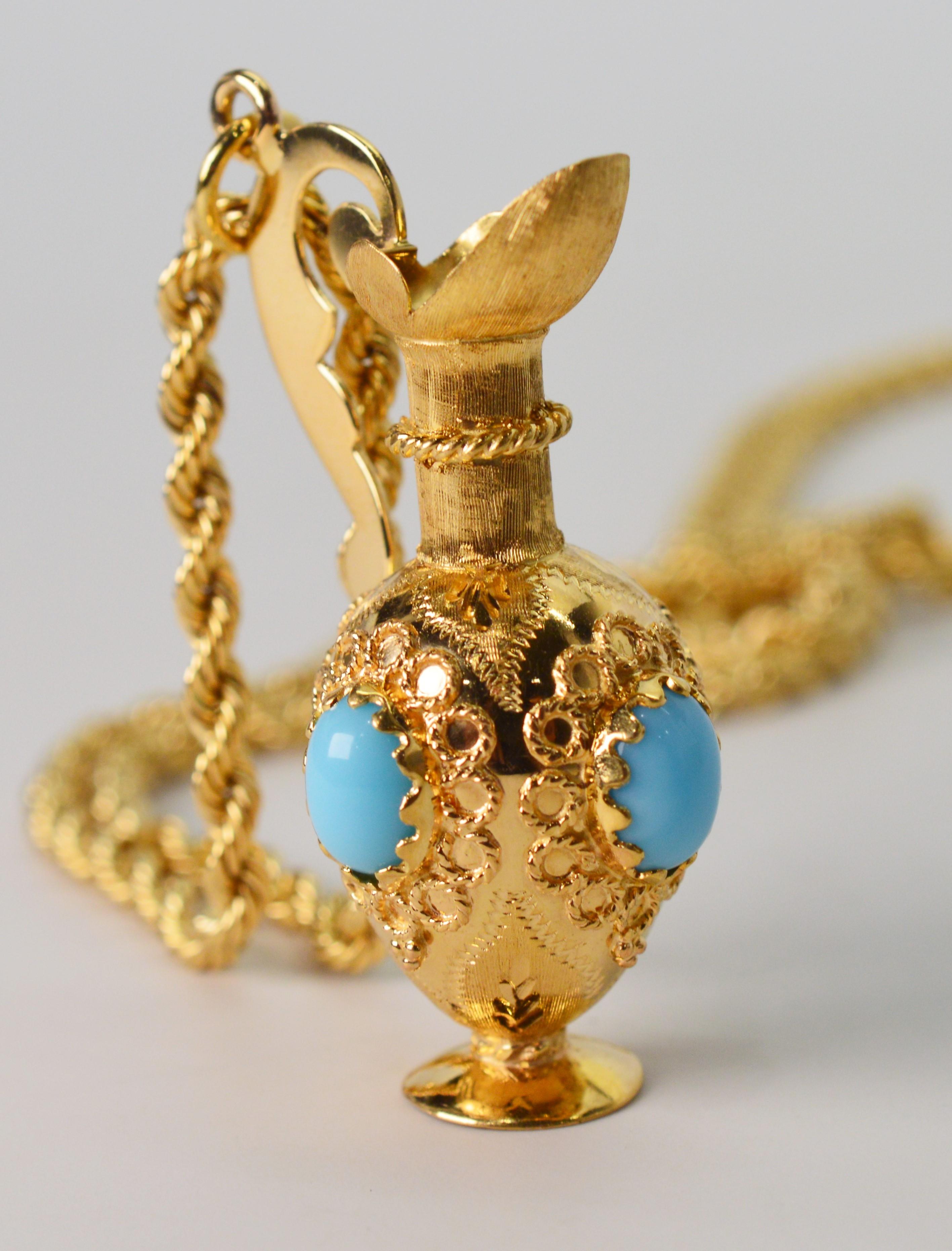 18K Vessel Charm Pendant w Turquoise Cabochon Accents 14K Yellow Gold Necklace For Sale 1