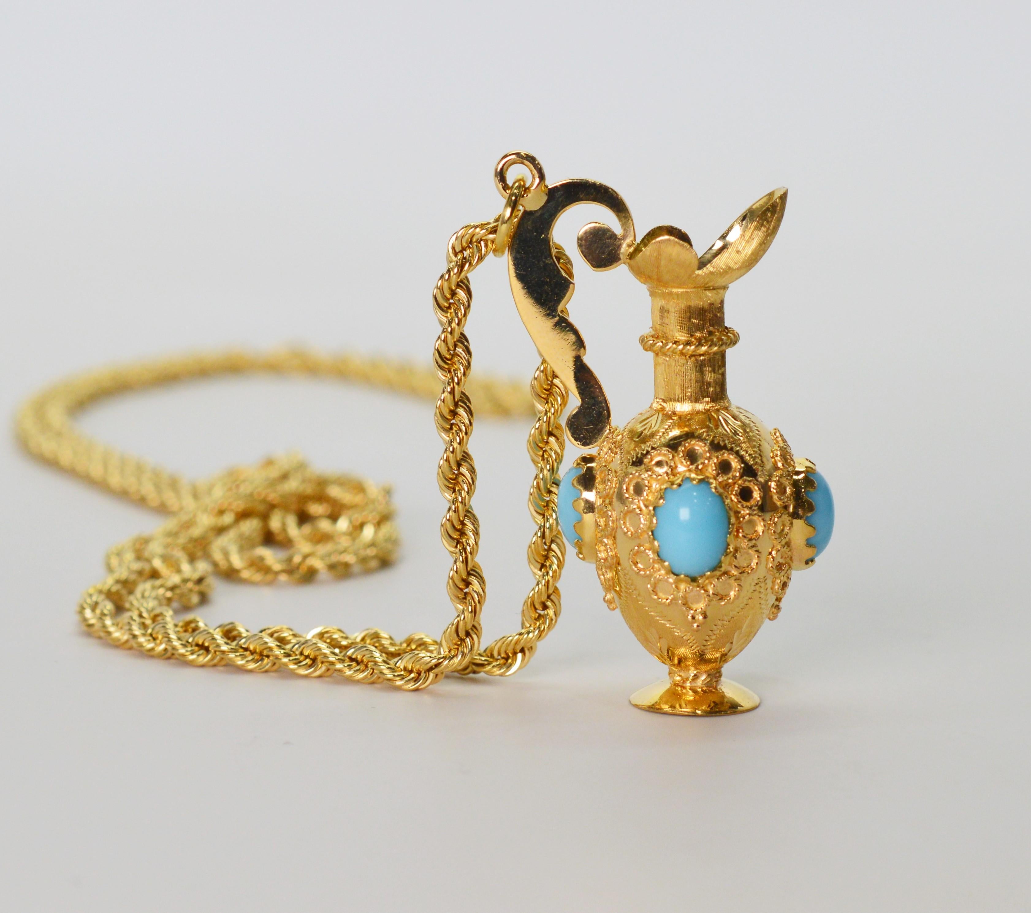 18K Vessel Charm Pendant w Turquoise Cabochon Accents 14K Yellow Gold Necklace For Sale 2