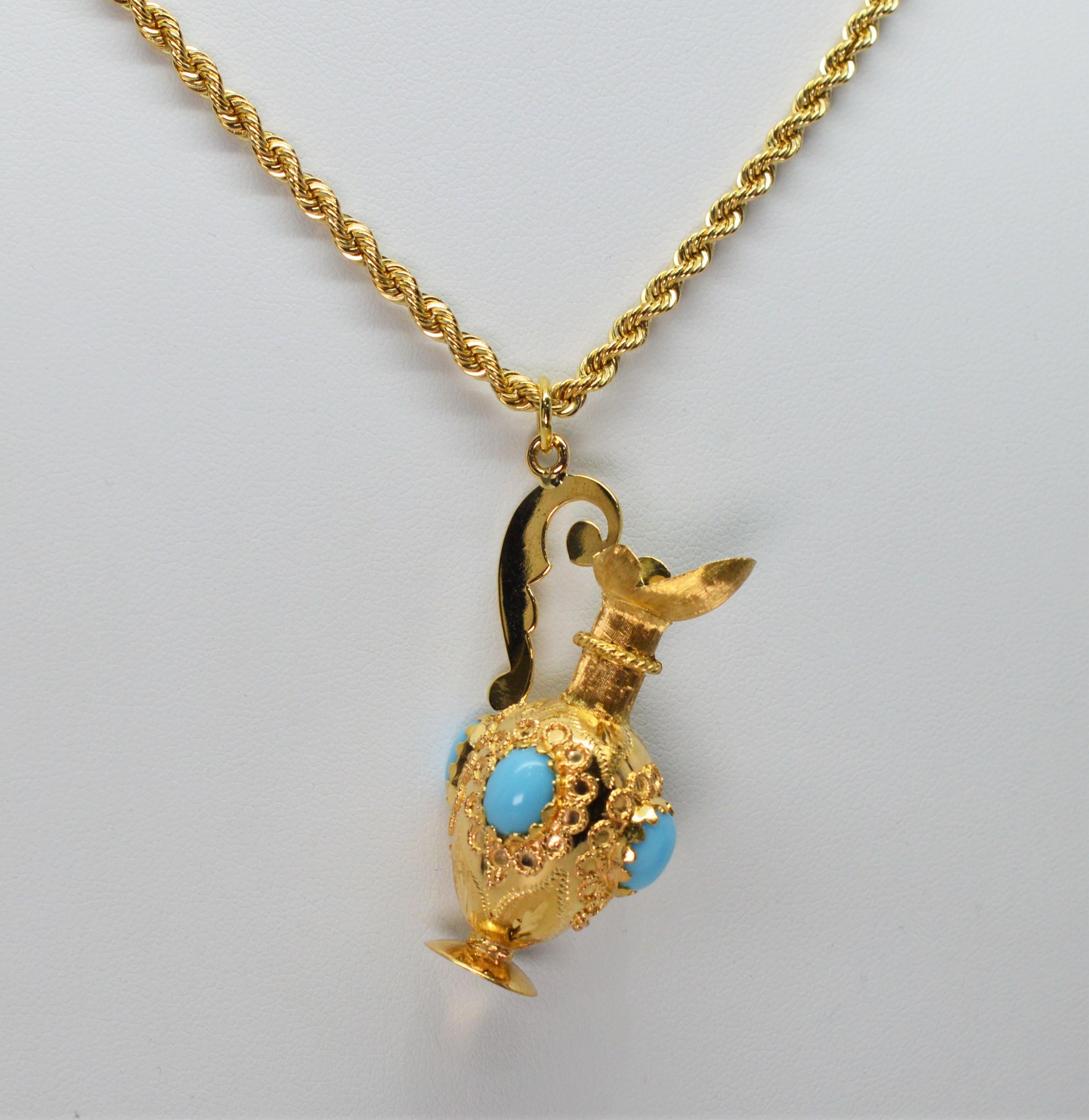 18K Vessel Charm Pendant w Turquoise Cabochon Accents 14K Yellow Gold Necklace For Sale 3