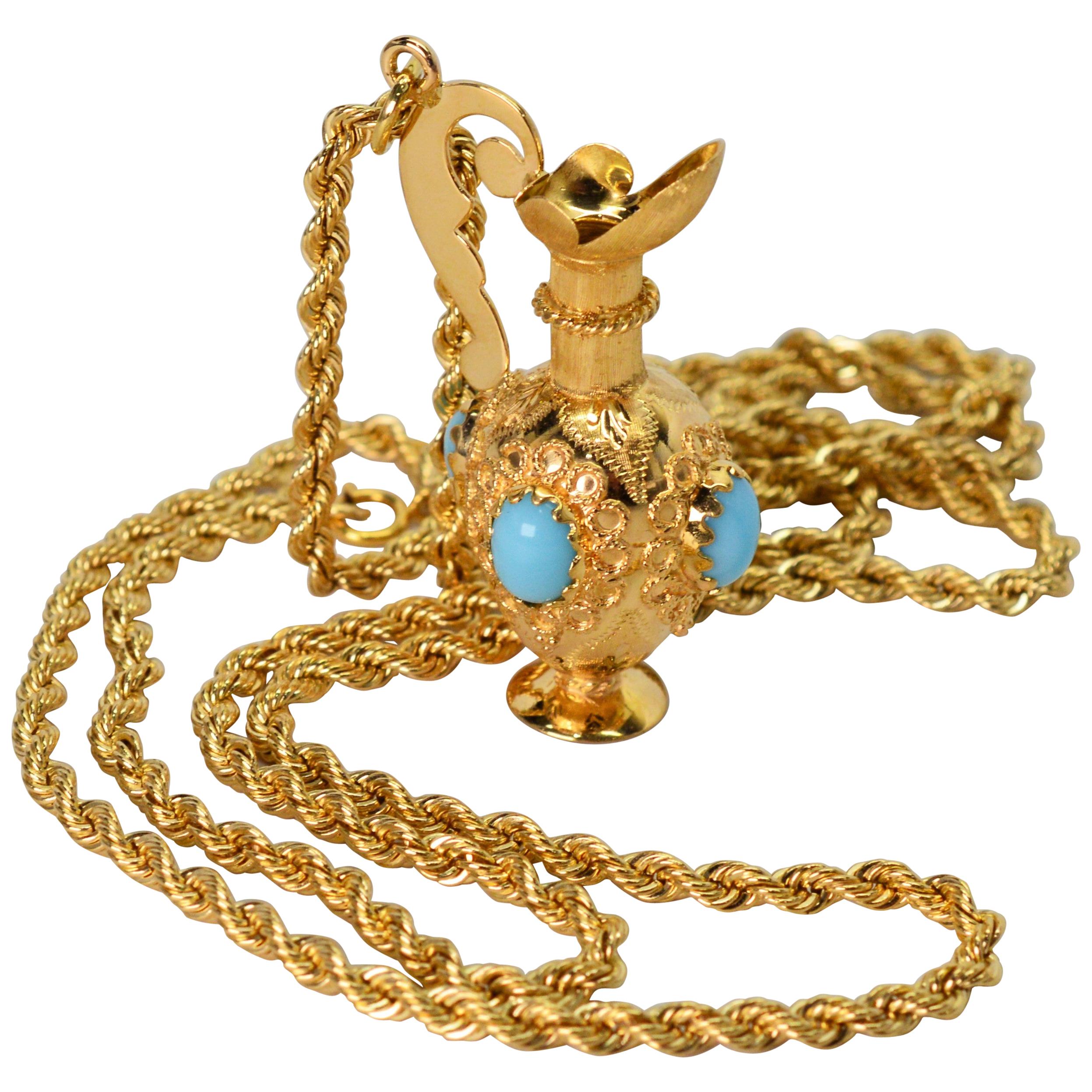 18K Vessel Charm Pendant w Turquoise Cabochon Accents 14K Yellow Gold Necklace For Sale