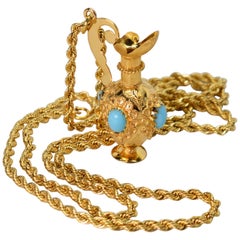Antique 18K Vessel Charm Pendant w Turquoise Cabochon Accents 14K Yellow Gold Necklace