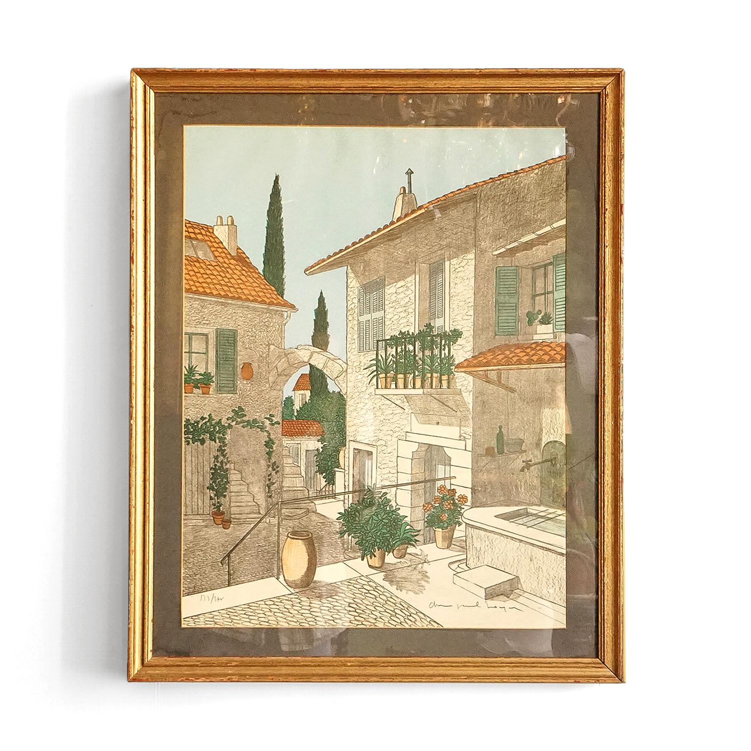 MID-CENTURY FRAMED PRINT
A stylised image depicting an evocative typically Mediterranean scene of whitewashed buildings with terracotta roof tiles and lush green planting and a blue sky.

Born in Paris in 1940, Denis Paul Noyer first studied with