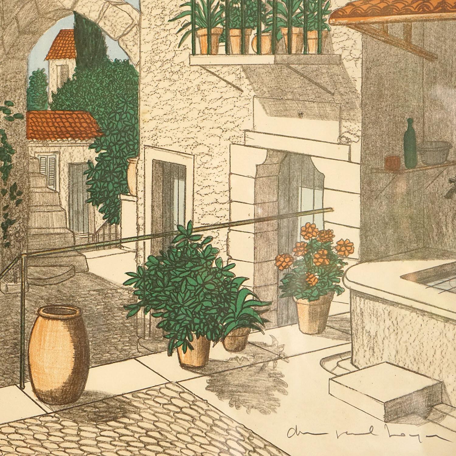 French Mediterranean Village Scene By Denis Paul Noyer, Vintage Signed Lithograph 1970s For Sale