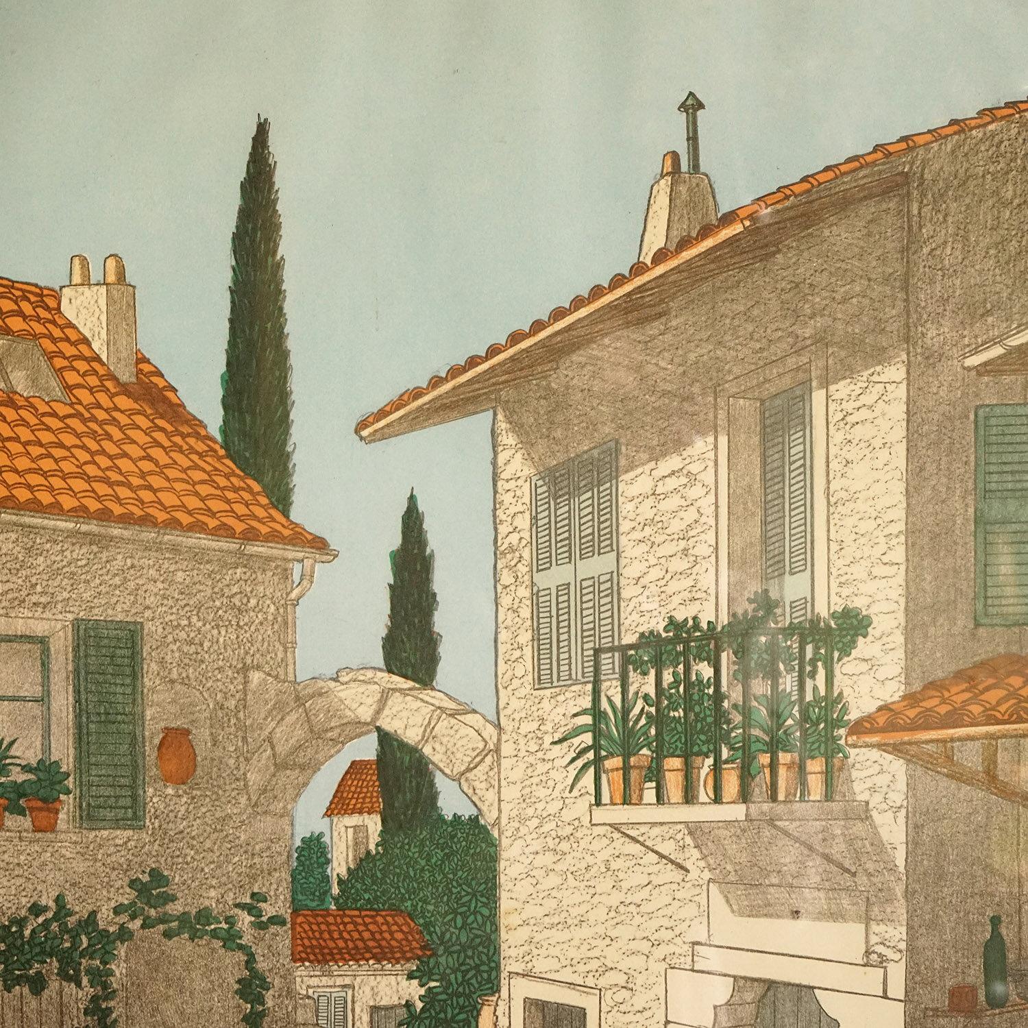 Mediterranean Village Scene By Denis Paul Noyer, Vintage Signed Lithograph 1970s In Good Condition For Sale In Bristol, GB
