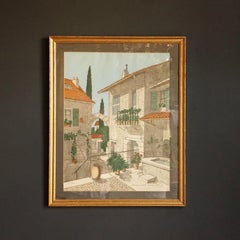 Scena di villaggio mediterraneo di Denis Paul Noyer, litografia vintage firmata degli anni '70