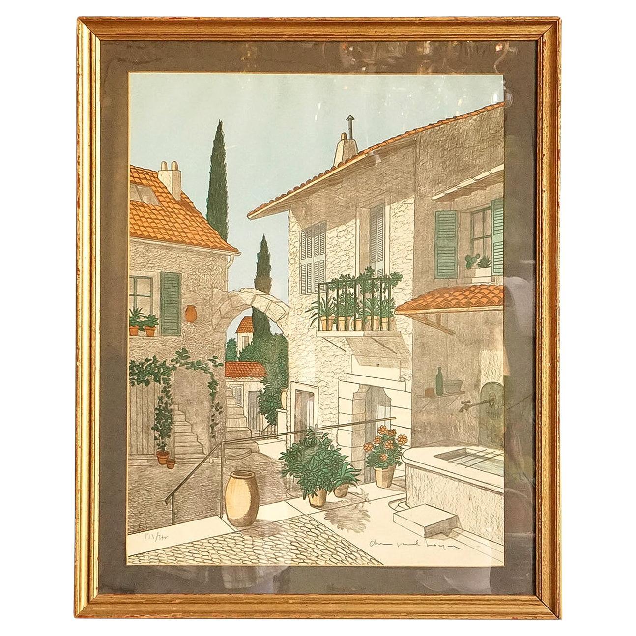 Scena di villaggio mediterraneo di Denis Paul Noyer, litografia vintage firmata degli anni '70