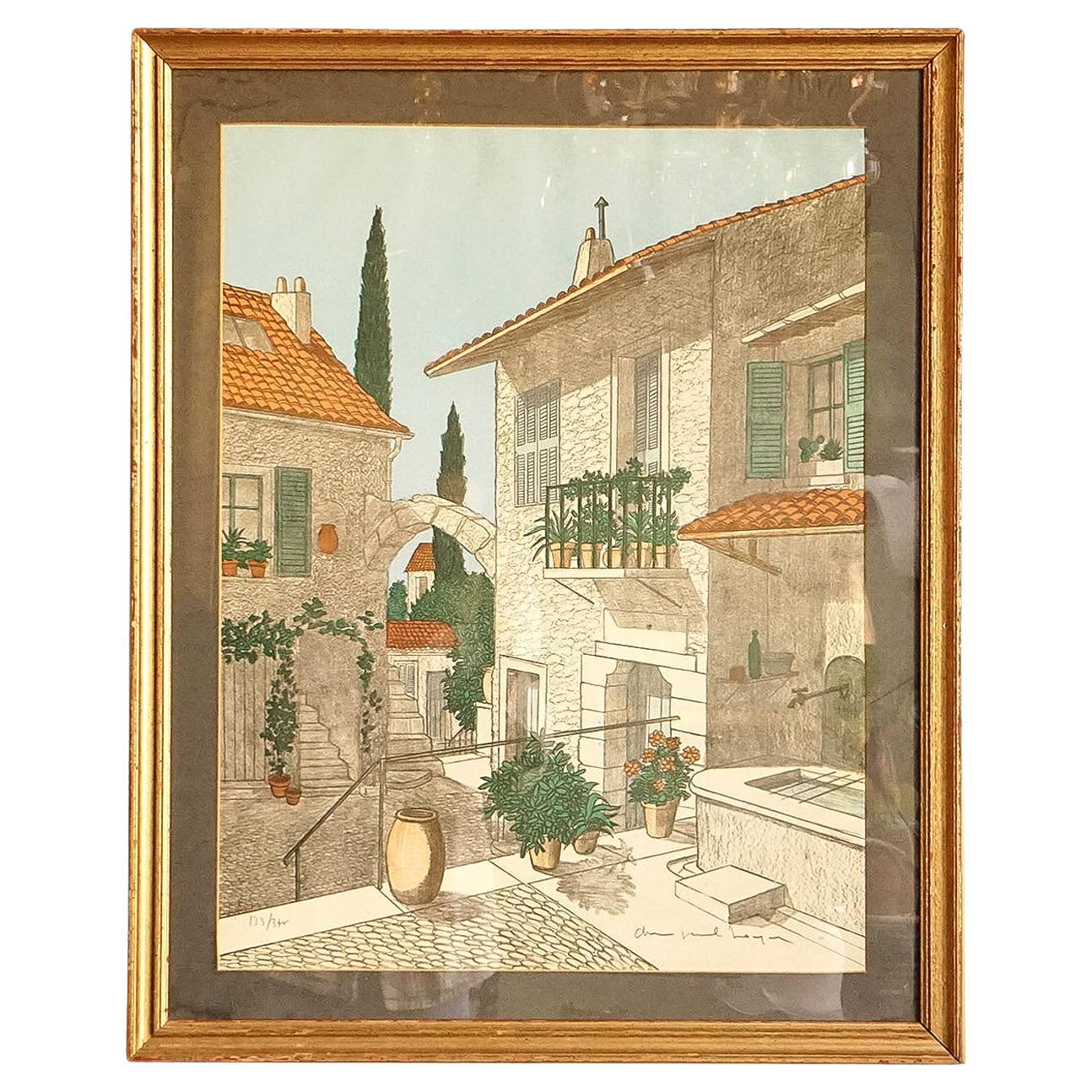 Lithographie vintage signée Scène de village méditerranéenne de Denis Paul Noyer, années 1970 en vente