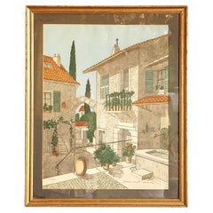 Mediterranean Village Scene By Denis Paul Noyer, Used Signed Lithograph 1970s