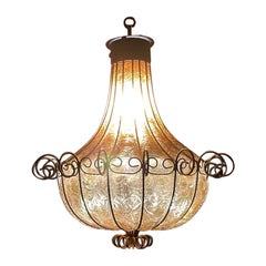Mediterranean Wrought Iron Caged Blown Amber Glass Chandelier, Murano Art Glass