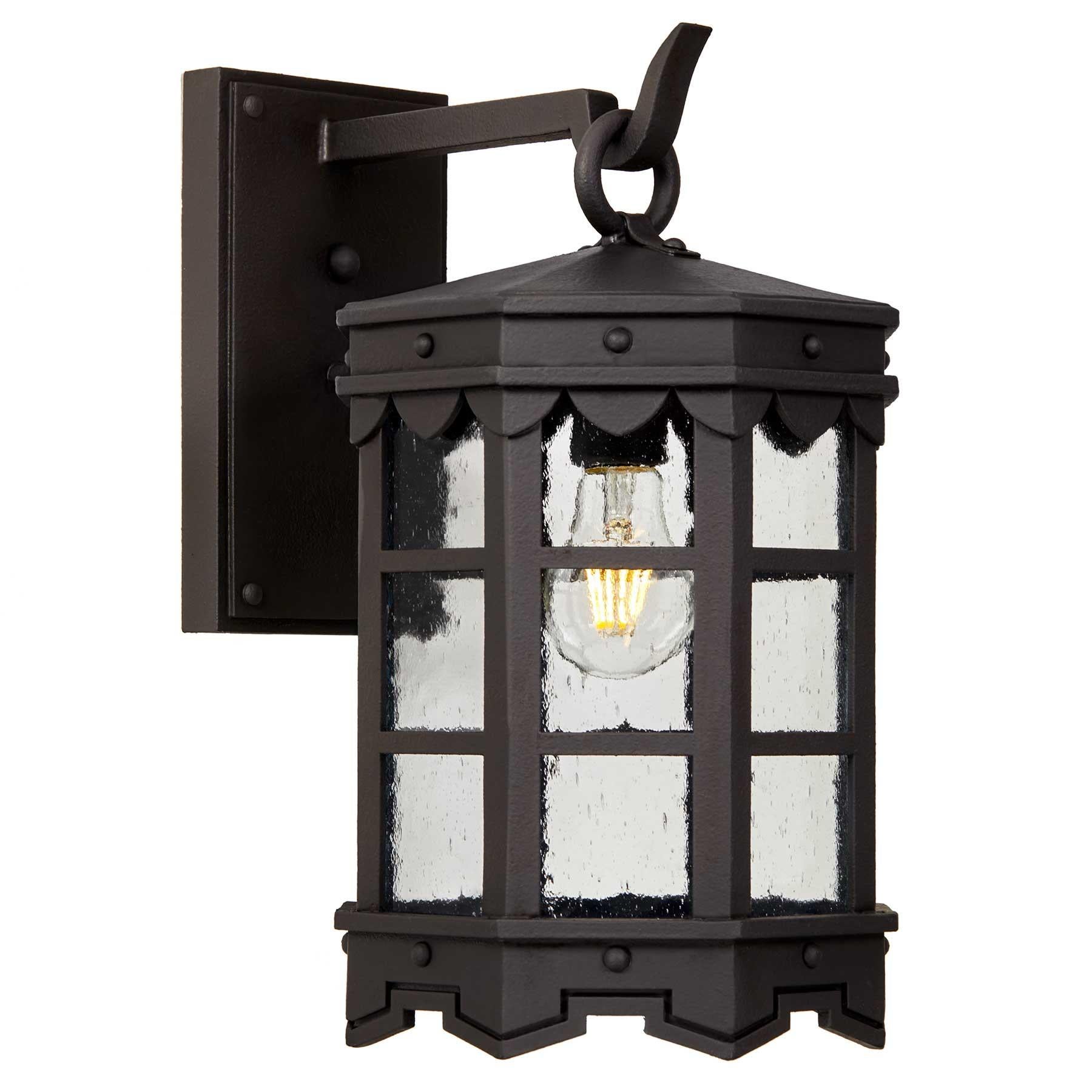 Our De La Guerra lantern finished in our premium SBLC Old World Finish has Mediterranean style precedence with historic profiles and contemporary geometric lines. A striking fixture during the day but even more so at night when the patterned hem