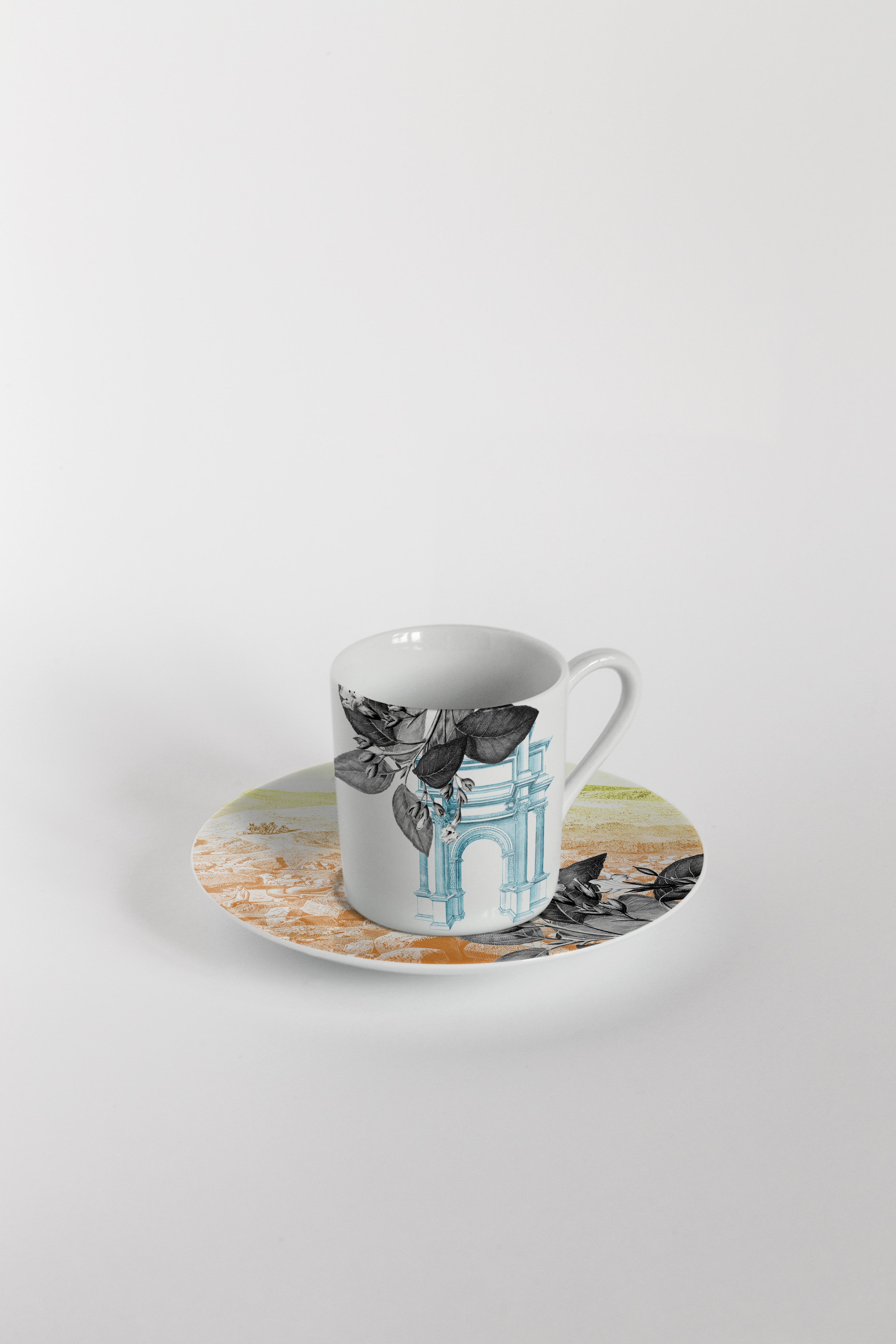 Mediterraneo:: Kaffeeservice mit sechs zeitgenössischen Porzellanen mit dekorativem Design (Italienisch) im Angebot