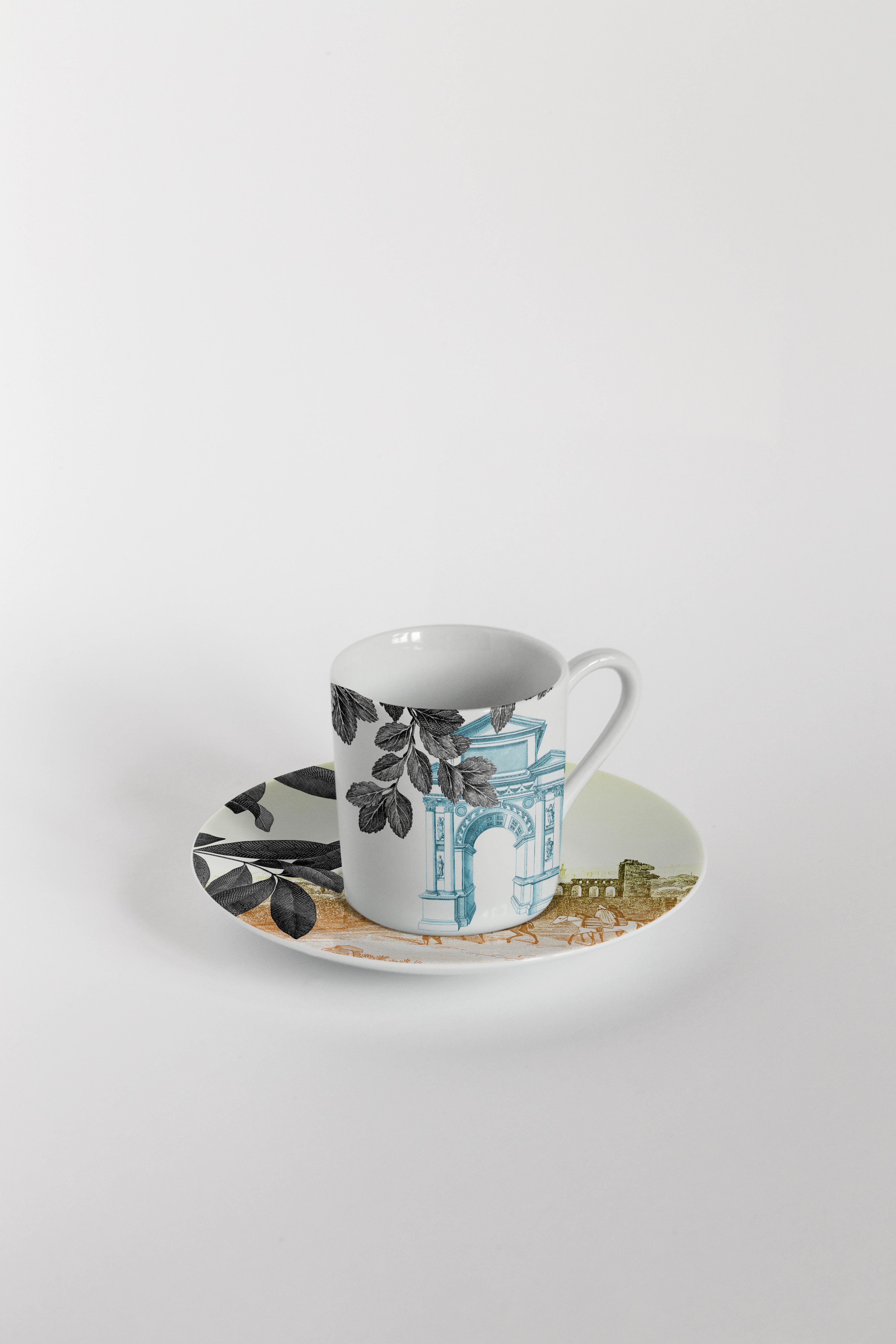 Mediterraneo, Coffee Set with Six Contemporary Porcelains with Decorative Design In New Condition For Sale In Milano, Lombardia