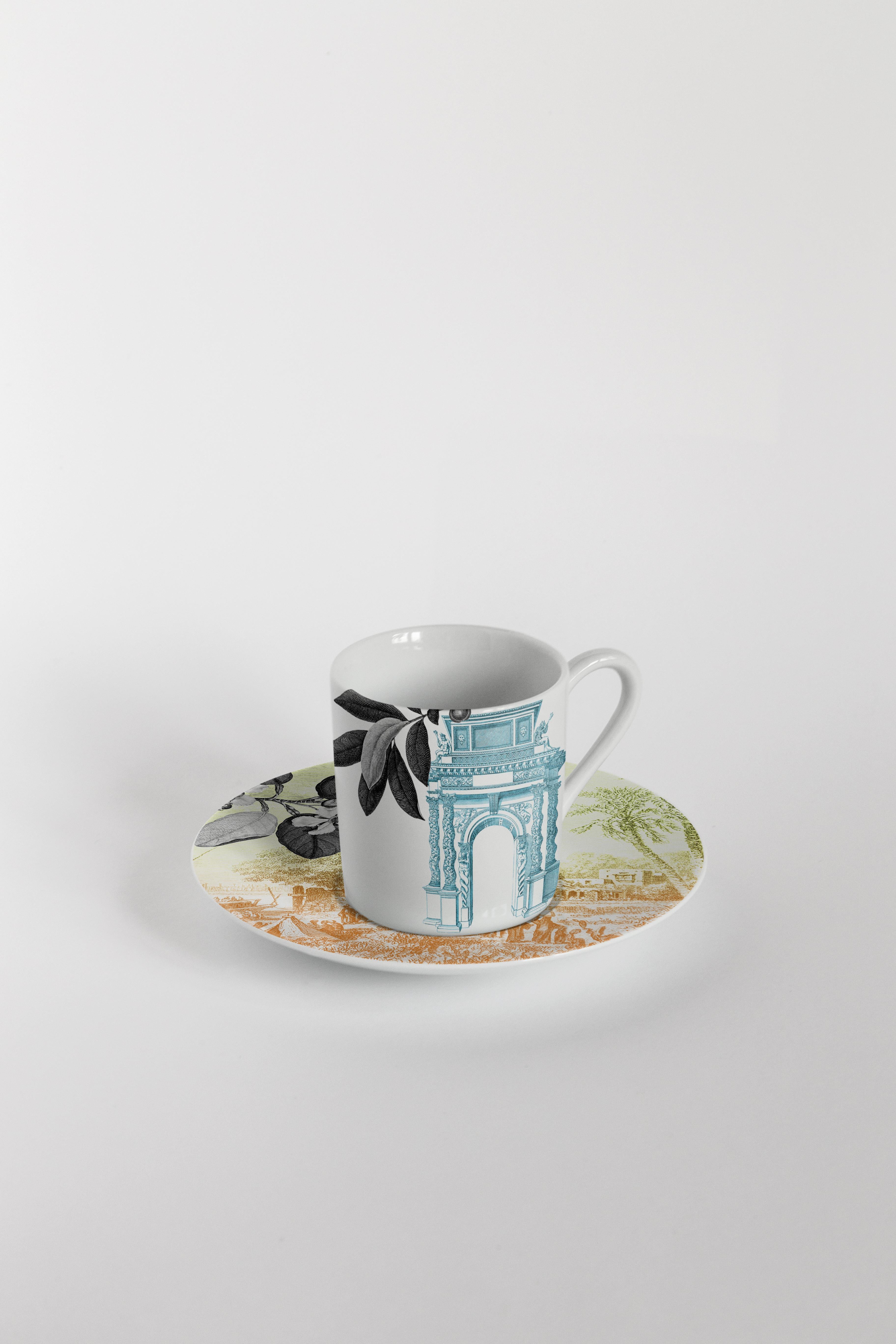 Mediterraneo, Coffee Set with Six Contemporary Porcelains with Decorative Design For Sale 1