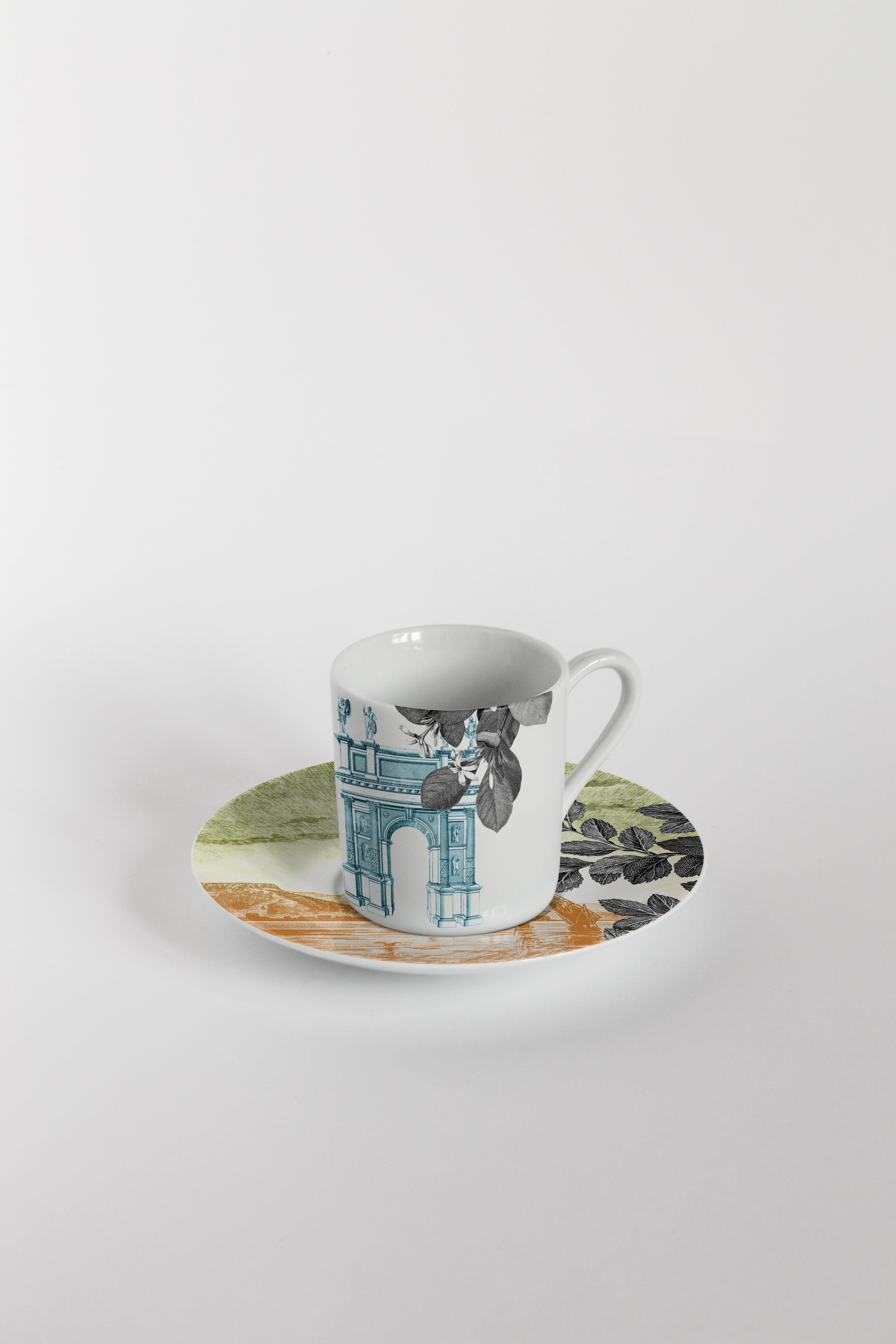 Mediterraneo:: Kaffeeservice mit sechs zeitgenössischen Porzellanen mit dekorativem Design im Angebot 1