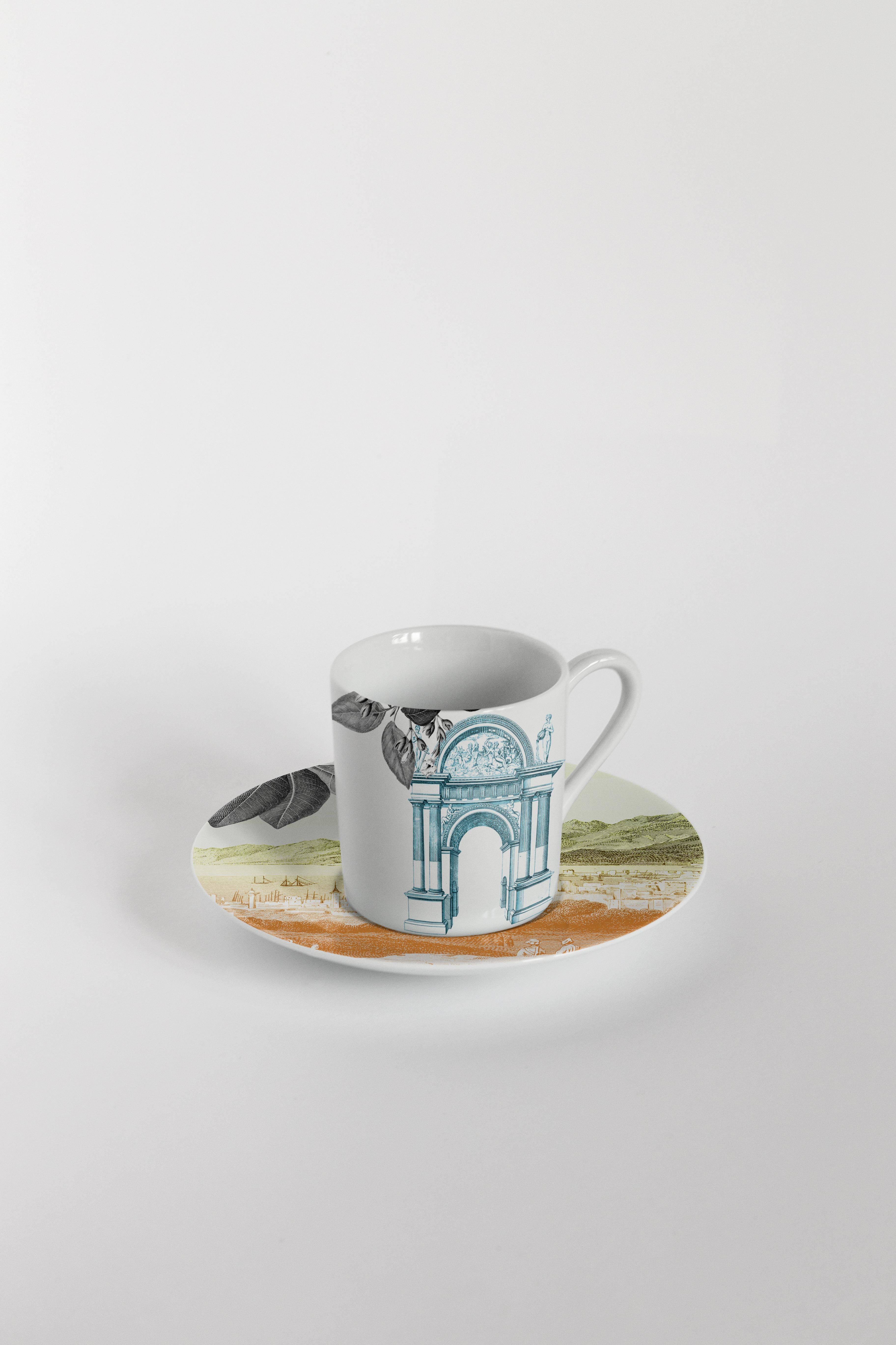 Mediterraneo, Coffee Set with Six Contemporary Porcelains with Decorative Design For Sale 3