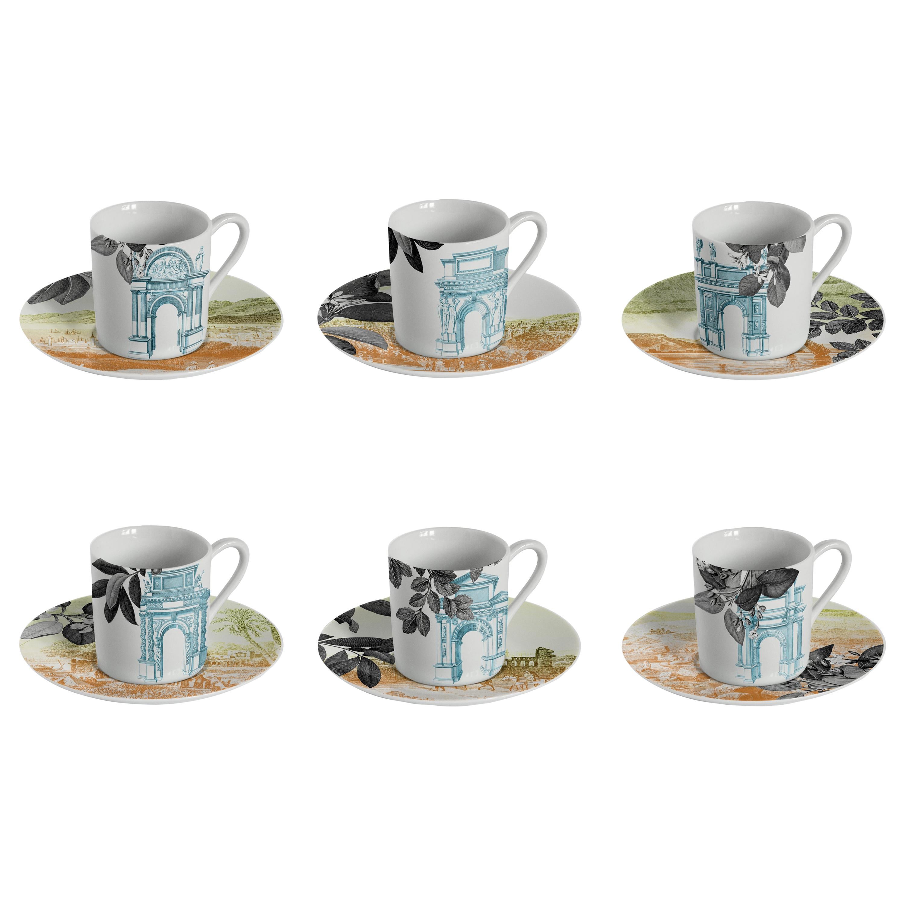 Mediterraneo, Coffee Set with Six Contemporary Porcelains with Decorative Design