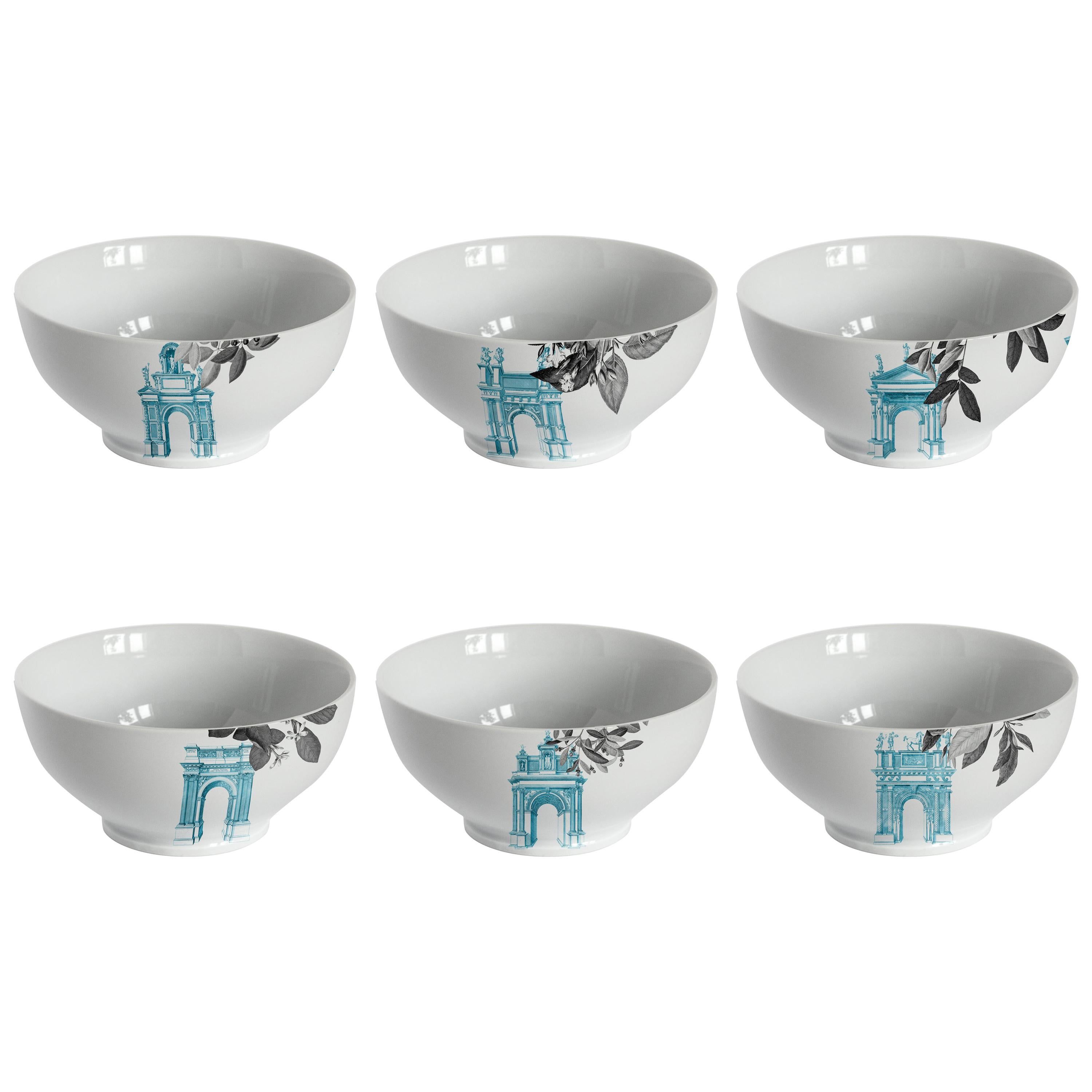 Mediterraneo, Six Contemporary Porcelain Bowls with Decorative Design