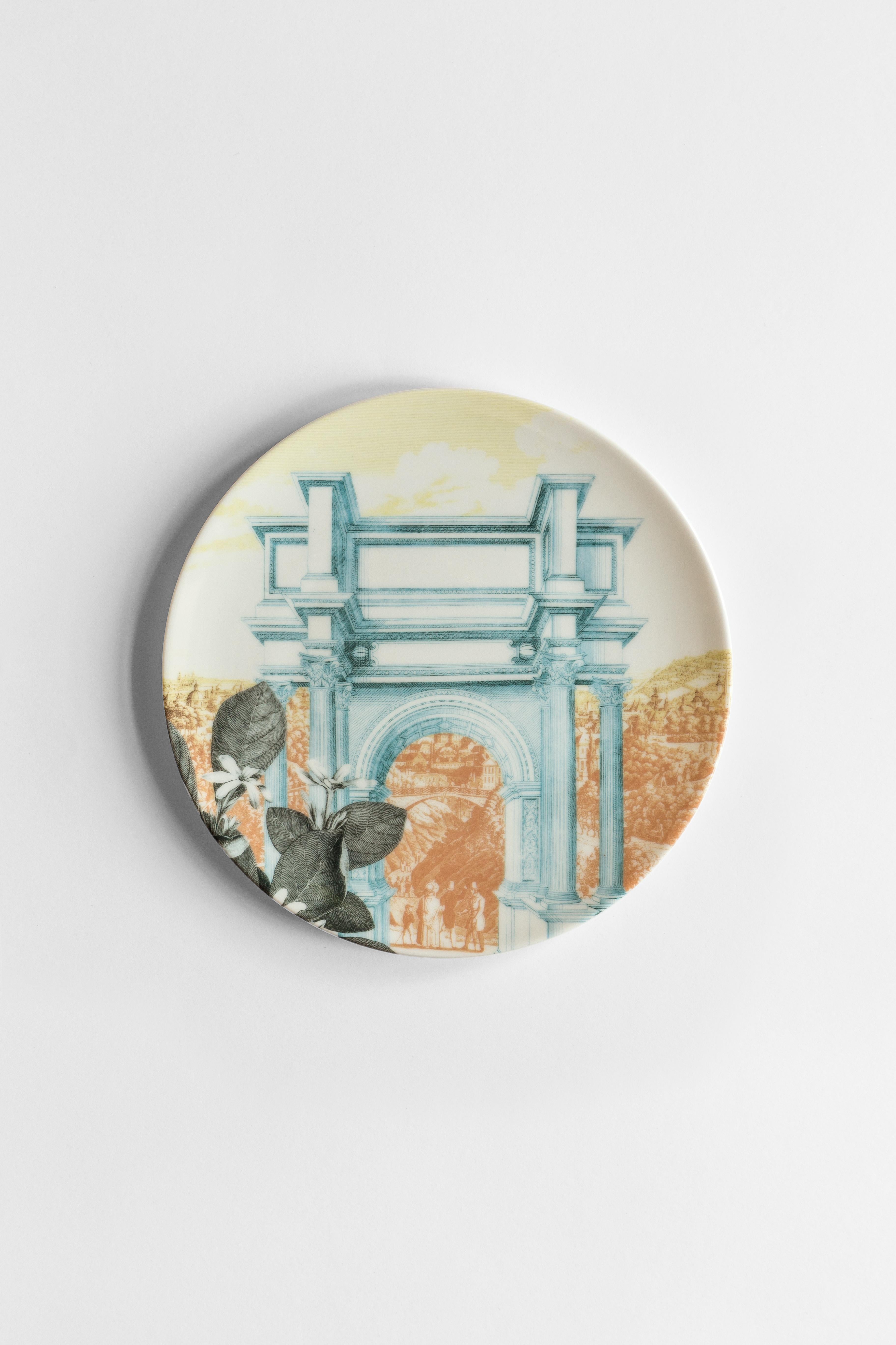 Mediterraneo, Six Contemporary Porcelain Dessert Plates with Decorative Design For Sale 1