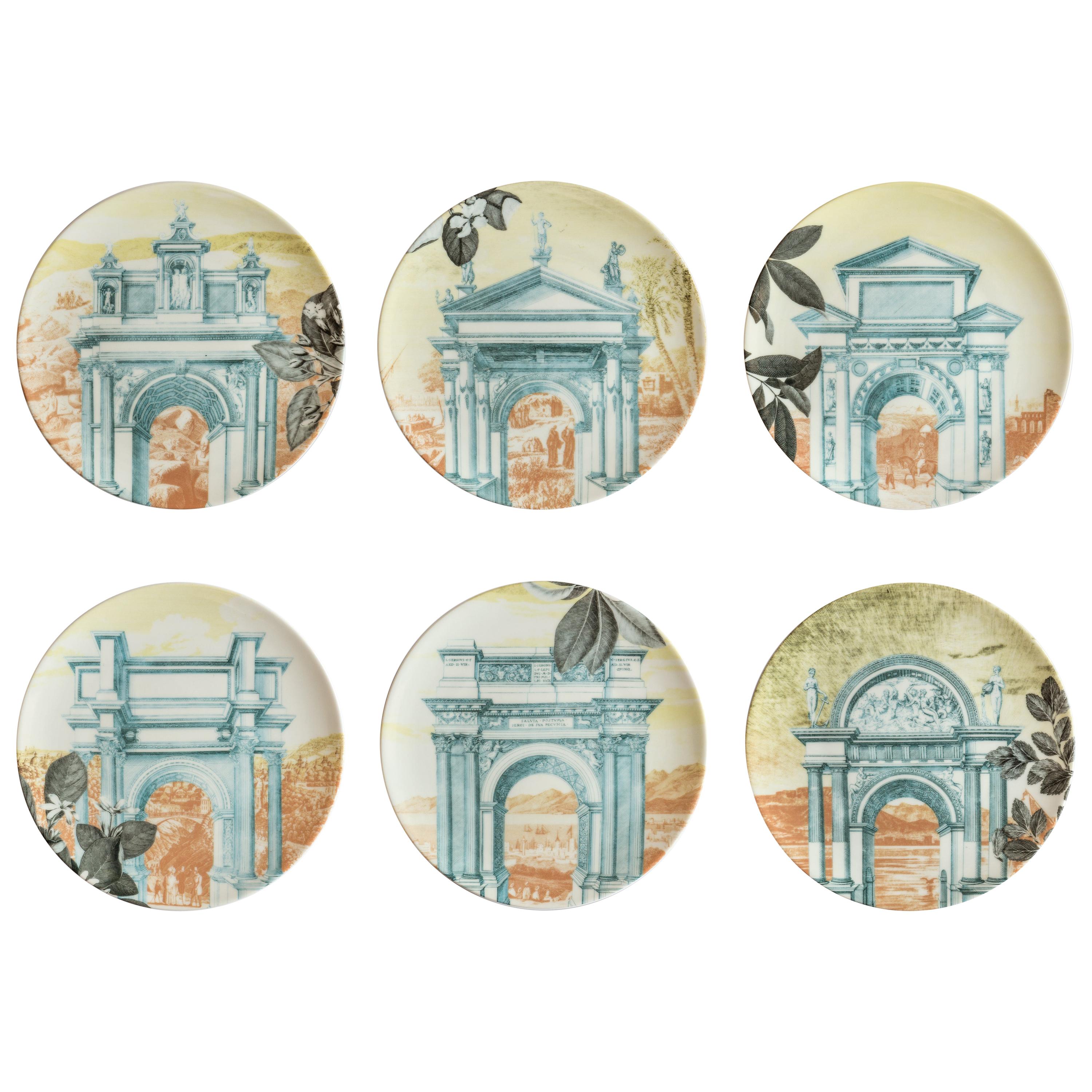 Mediterraneo, Six Contemporary Porcelain Dessert Plates with Decorative Design