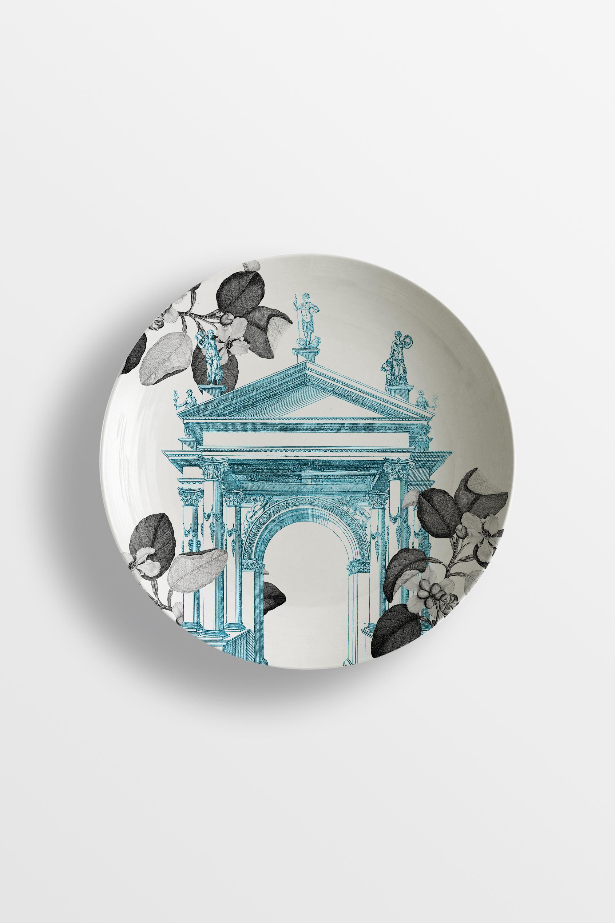 Mediterraneo, Six Contemporary Porcelain soup plates with Decorative Design For Sale 2