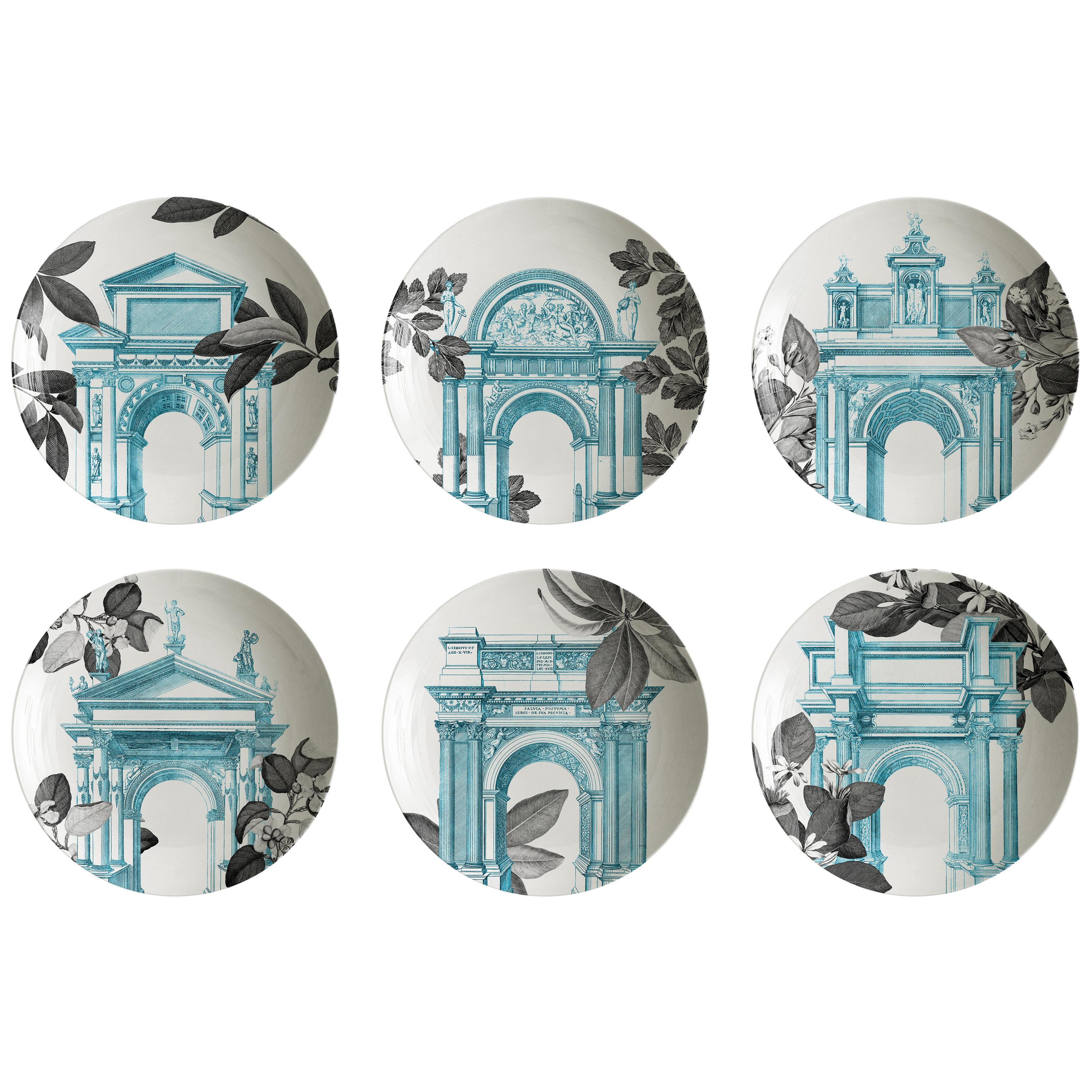 Mediterraneo, Six Contemporary Porcelain soup plates with Decorative Design