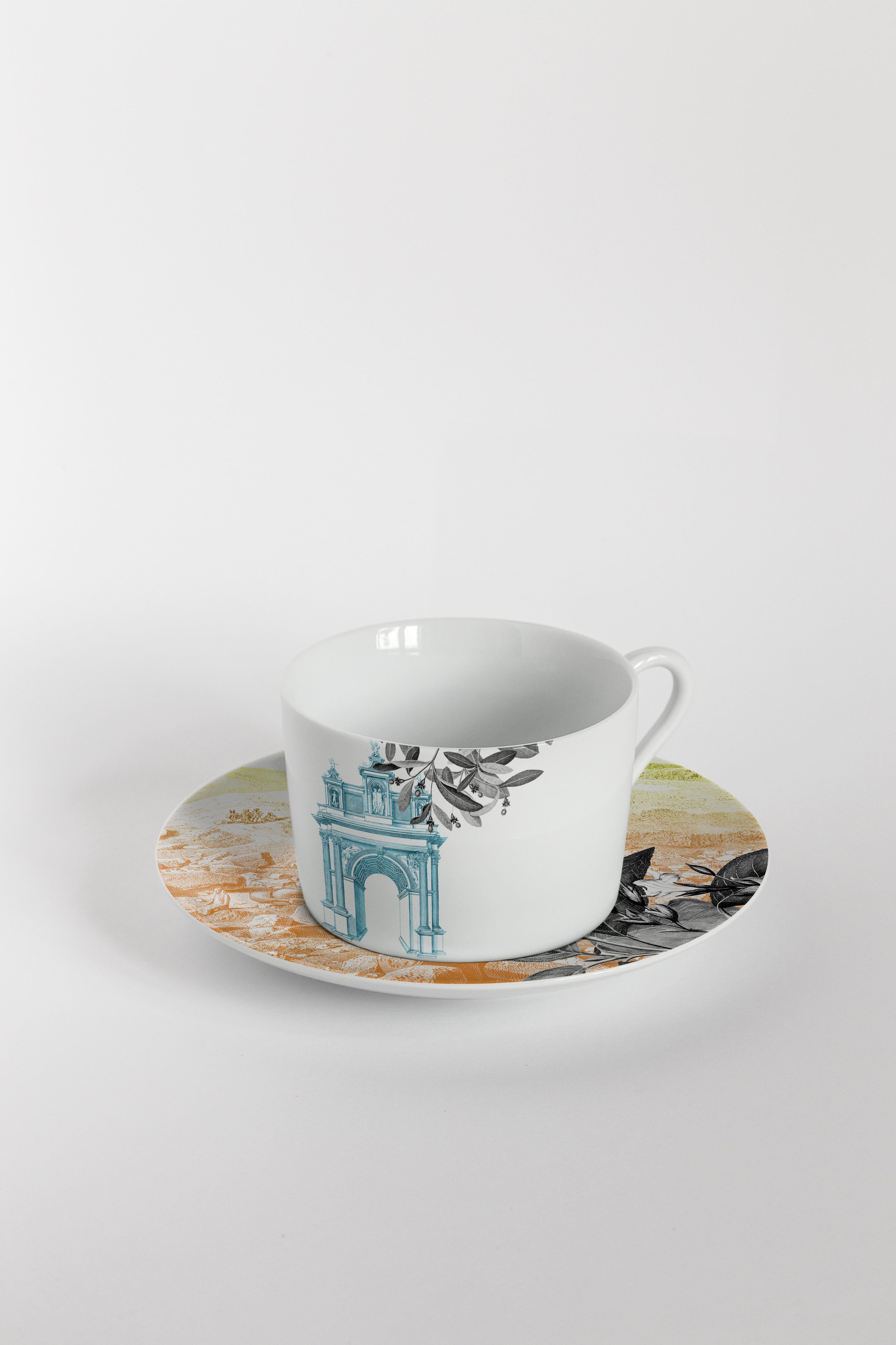 Italian Mediterraneo, Tea Set with Six Contemporary Porcelains with Decorative Design For Sale