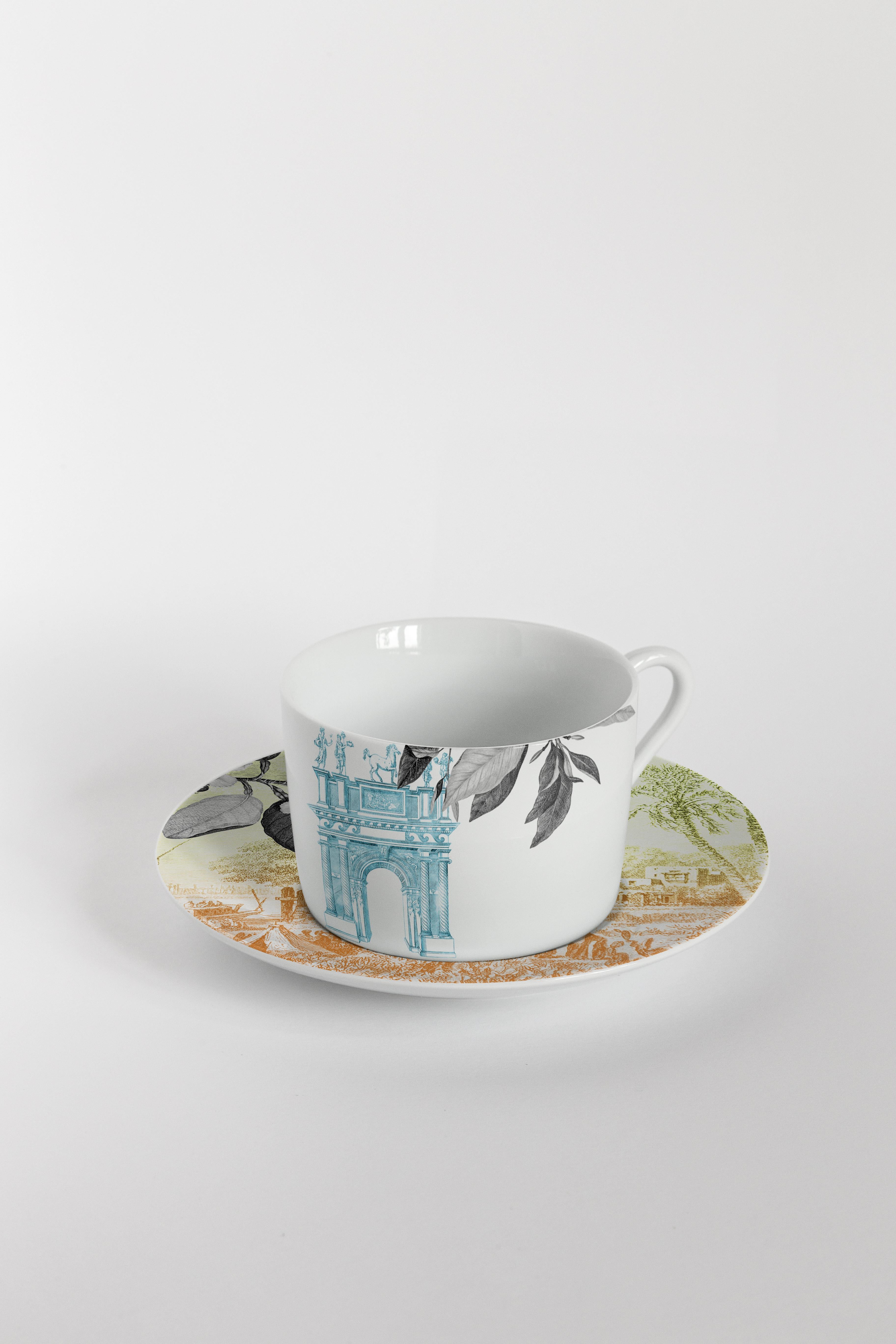 Mediterraneo, Tea Set with Six Contemporary Porcelains with Decorative Design For Sale 1