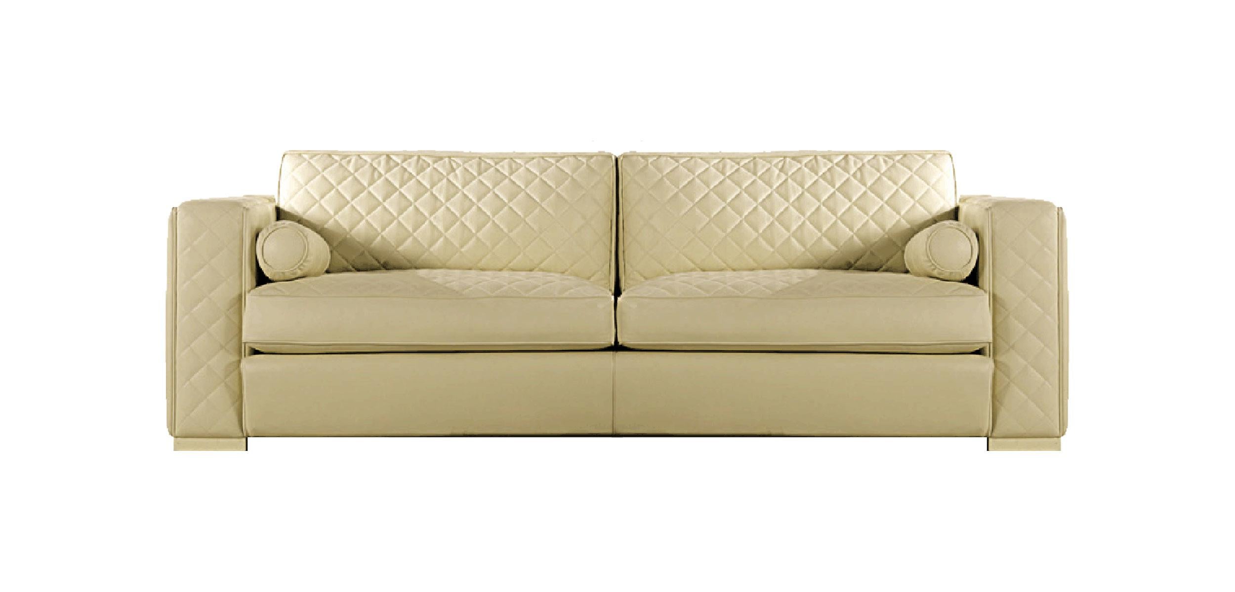 Mediterraneo is a sleek and exclusive three-seater sofa in leather, with finely embroidered seat cushions, backrest cushions and details. Lacquered feet to match the upholstery. Standard components of absolute quality are the solid wood frame and