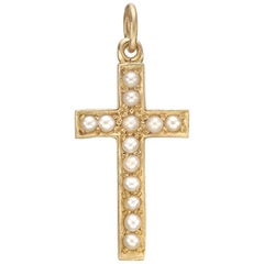 Medium 14 Karat Yellow Gold and Pearl Cross Pendant