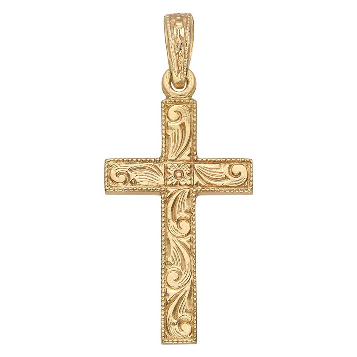 Medium 14k Yellow Gold Engraved Cross Pendant For Sale