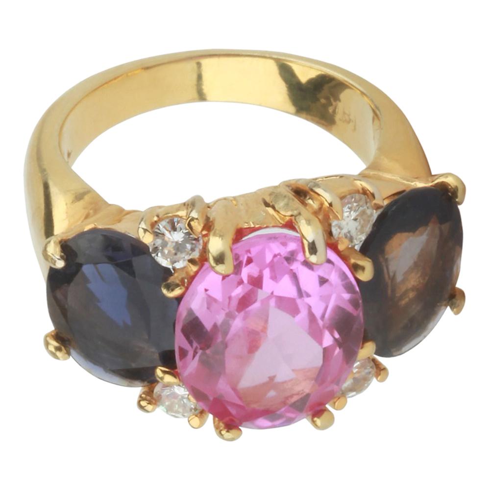 Medium 18 Karat White Gold Gum Drop Ring with Pink Topaz and Iolite For Sale