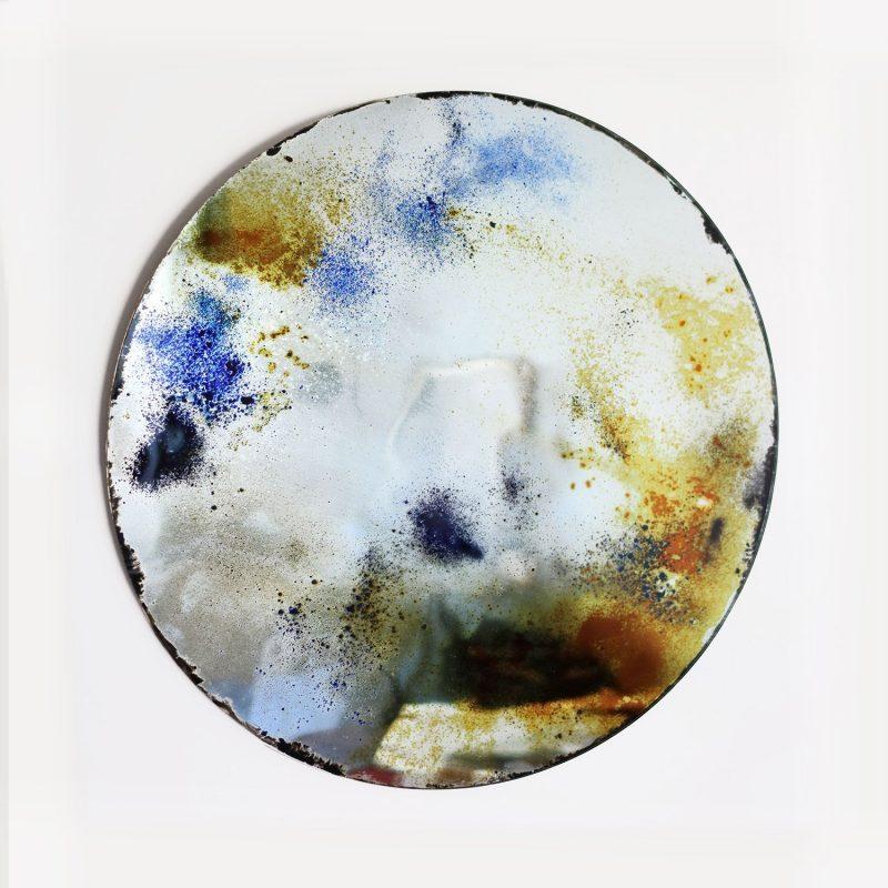Medium Alice mirror by Slow Design 
Dimensions: Diameter 60 cm 
Materials: Glass. Blue/gold/moss green/grey oxidation effect on the clear mirror.
Technique: Grisaille.
Available in grey/gold/moss green or black. Also available in size Extra Large (