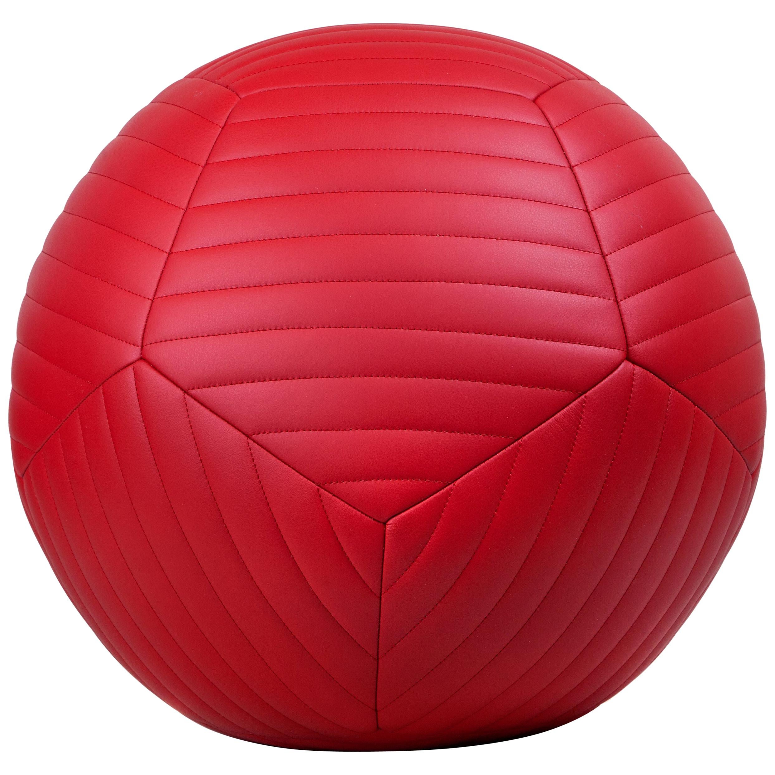 Banded Ottoman 18"Ø in Hibiscus Red Leather by Moses Nadel