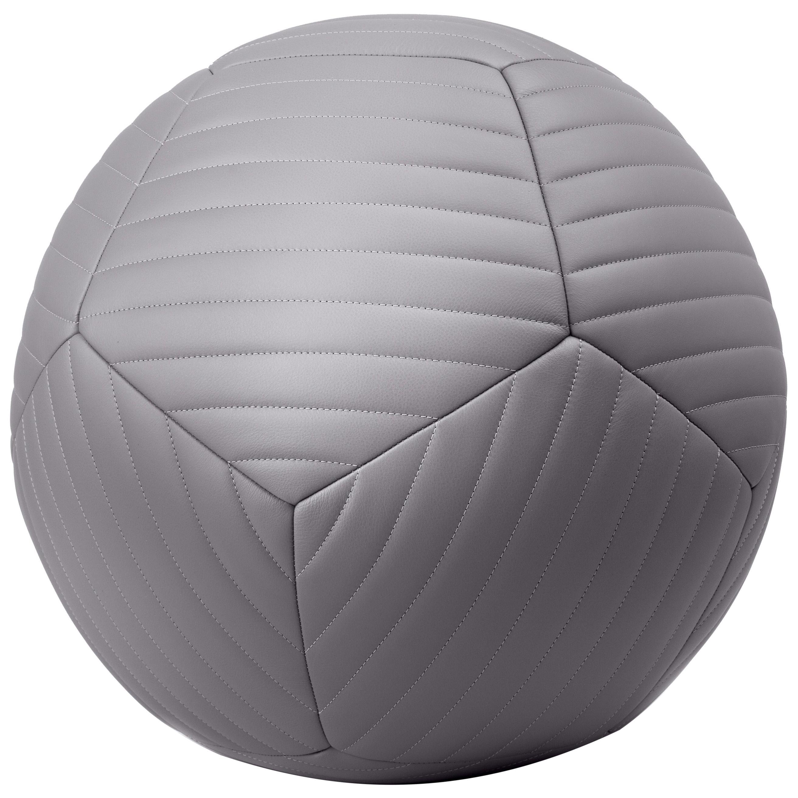 Banded Ottoman 18"Ø in Riverstone Grey Leather by Moses Nadel For Sale