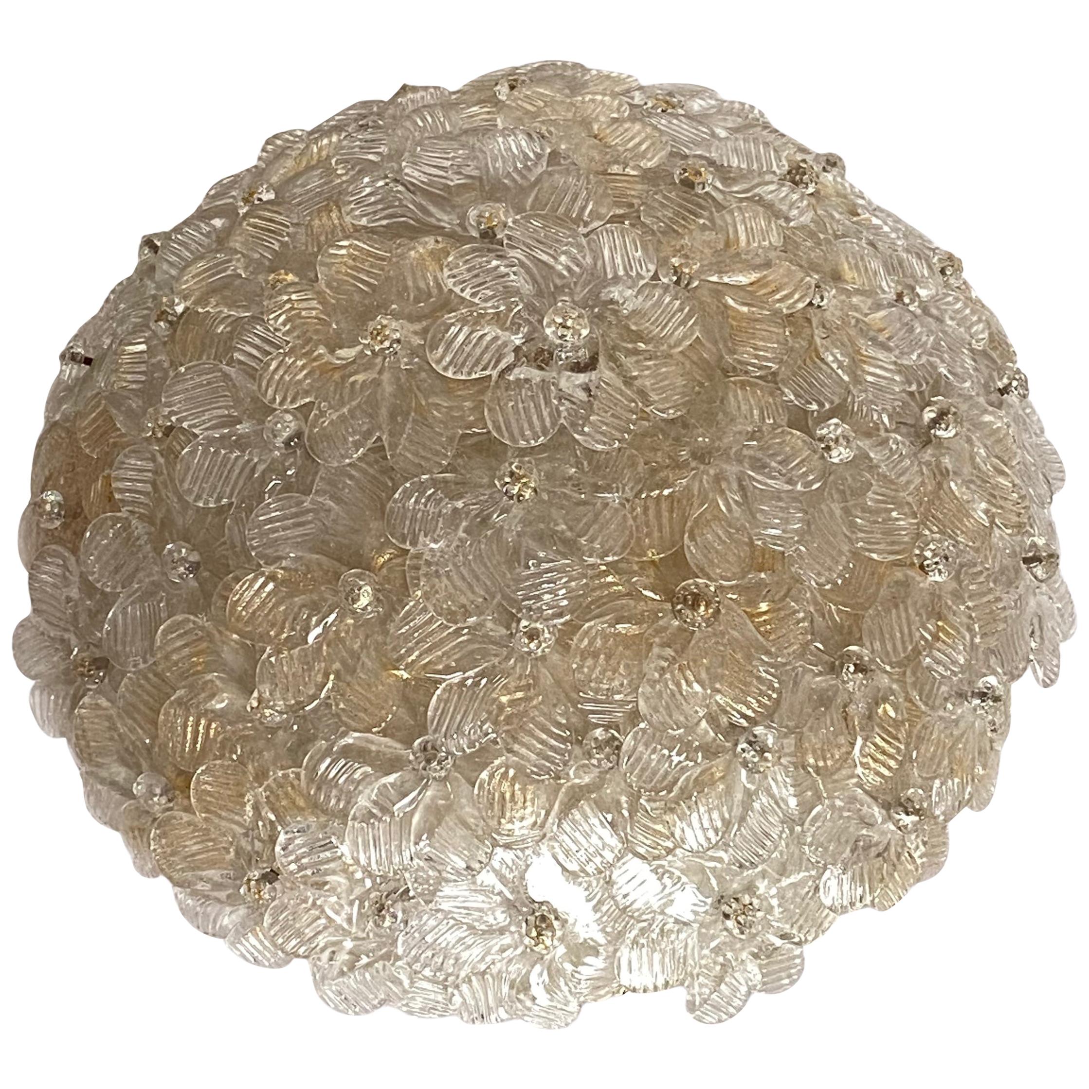 Medium Barovier Toso Flushmount Murano Glass Gold and Ice Flowers Basket, 1950s