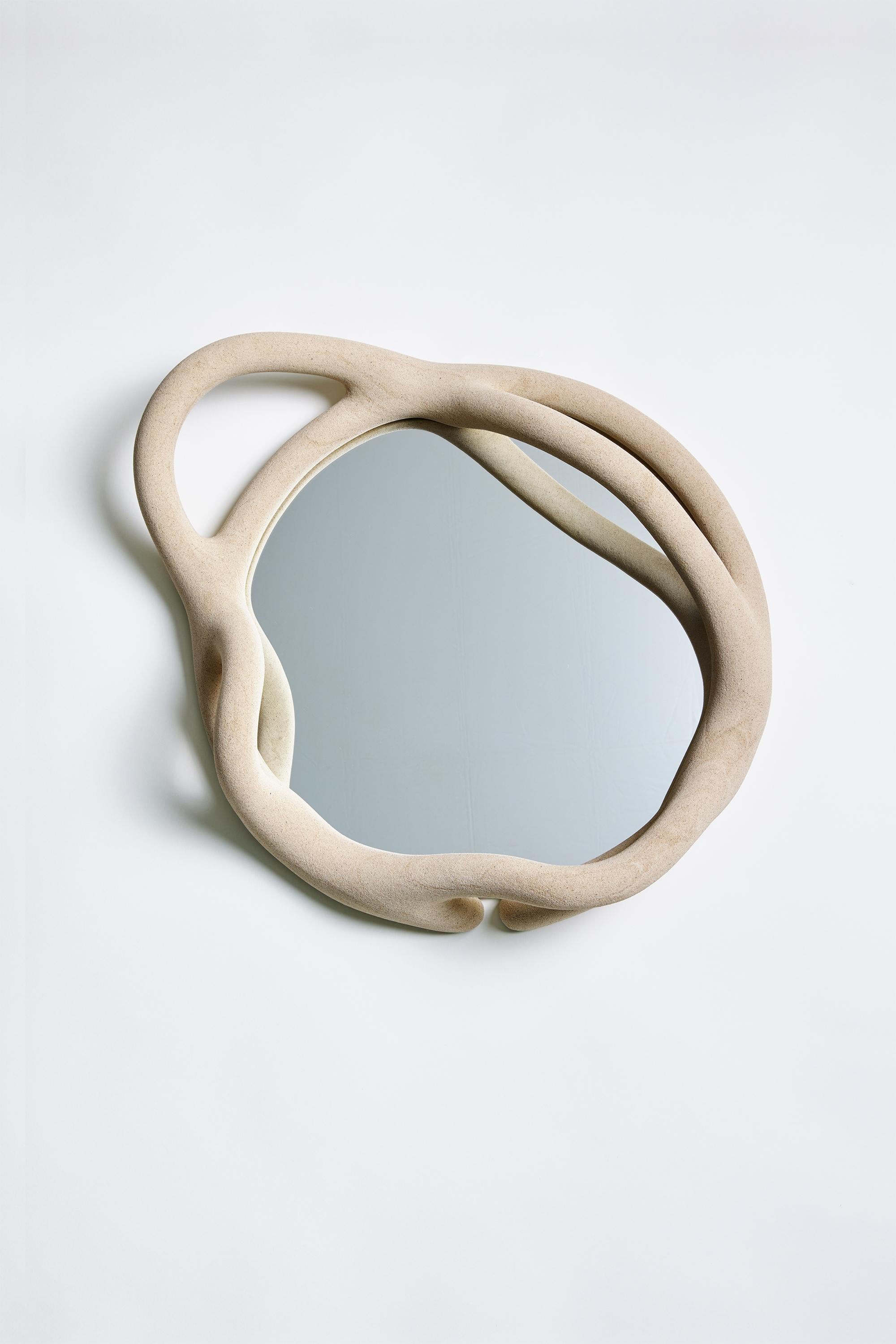 Medium Beige Portal Mirror by Hot Wire Extensions
Materials: Waste nylon powder, locally sourced beige sand, copper pipe, mirror.
Dimensions: D 12.5 x W 61 x H 60 cm 
9 kg
Different dimensions, shapes, and colors upon request.

Hot Wire Extensions