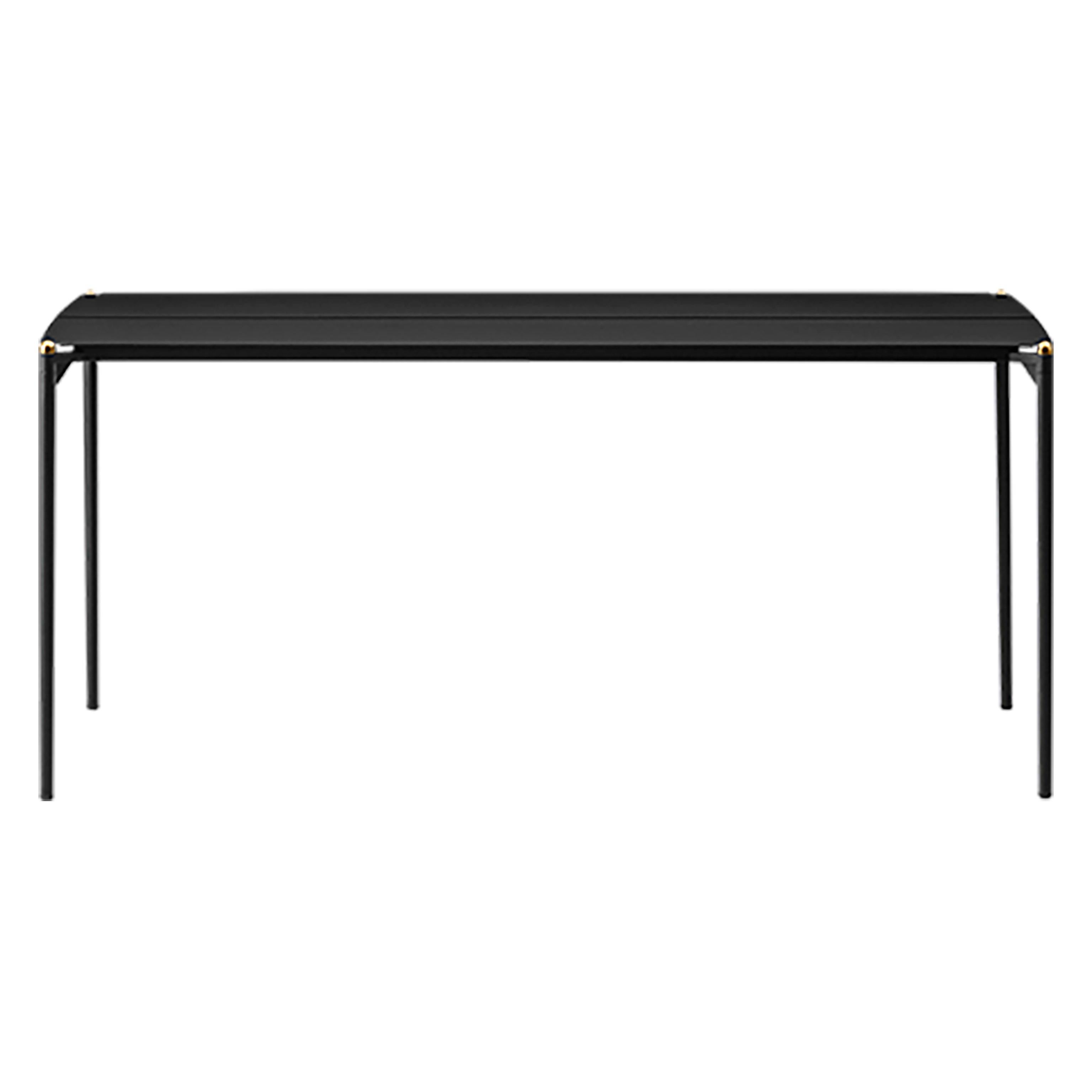Medium black and gold table
Dimensions: D 160 x W 80 x H 72 cm 
Materials: Steel w. Matte Powder Coating, Aluminum w. Matte Powder Coating & Stainless Steel w. Gold Titanium Plating.
Available in colors: Taupe, Bordeaux, Forest, Ginger Bread,