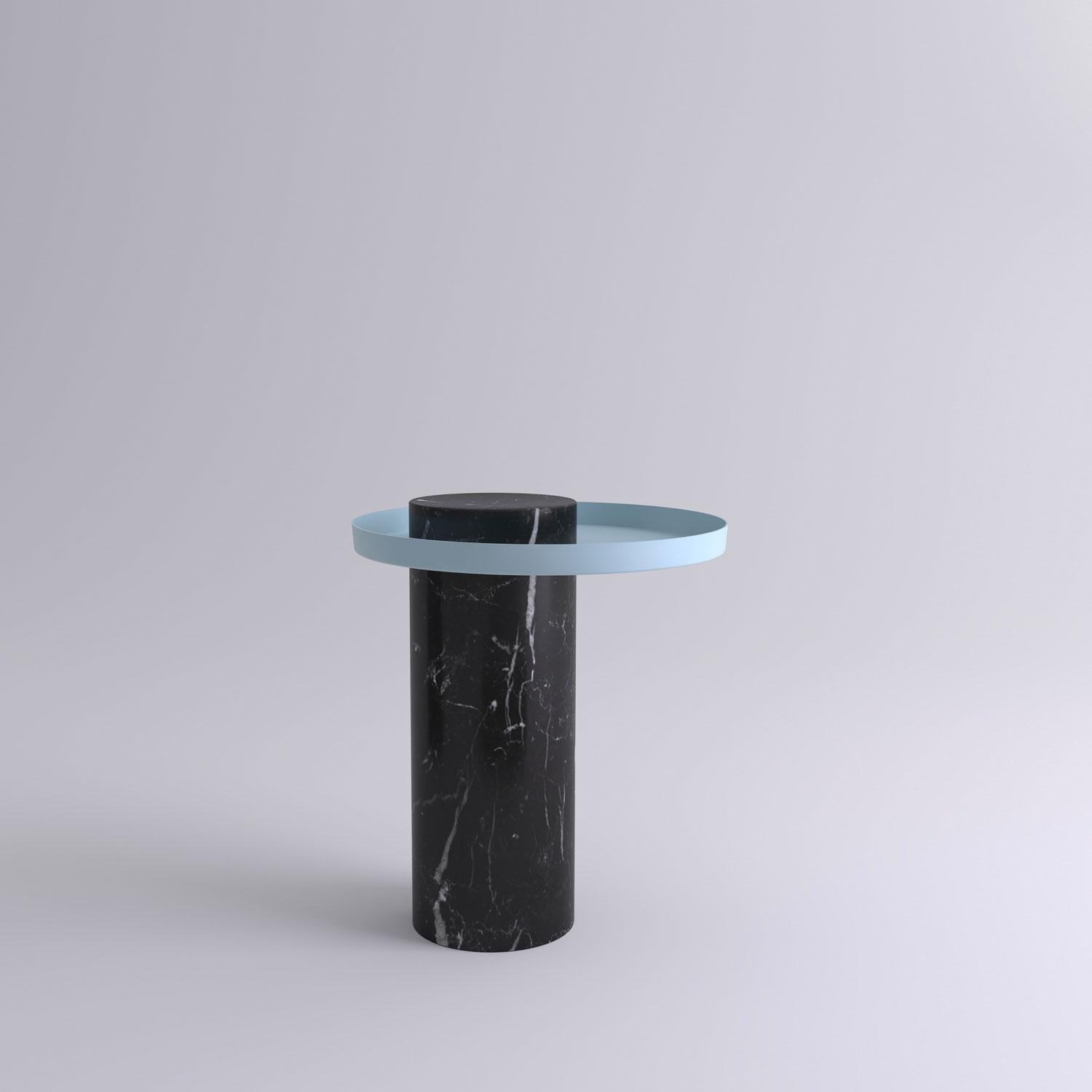 Medium black marquina contemporary guéridon, Sebastian Herkner
Dimensions: D 40 x H 46 cm
Materials: Black Marquina marble, light blue metal tray

The salute table exists in 3 sizes, 4 different marble stones for the column and 5 different