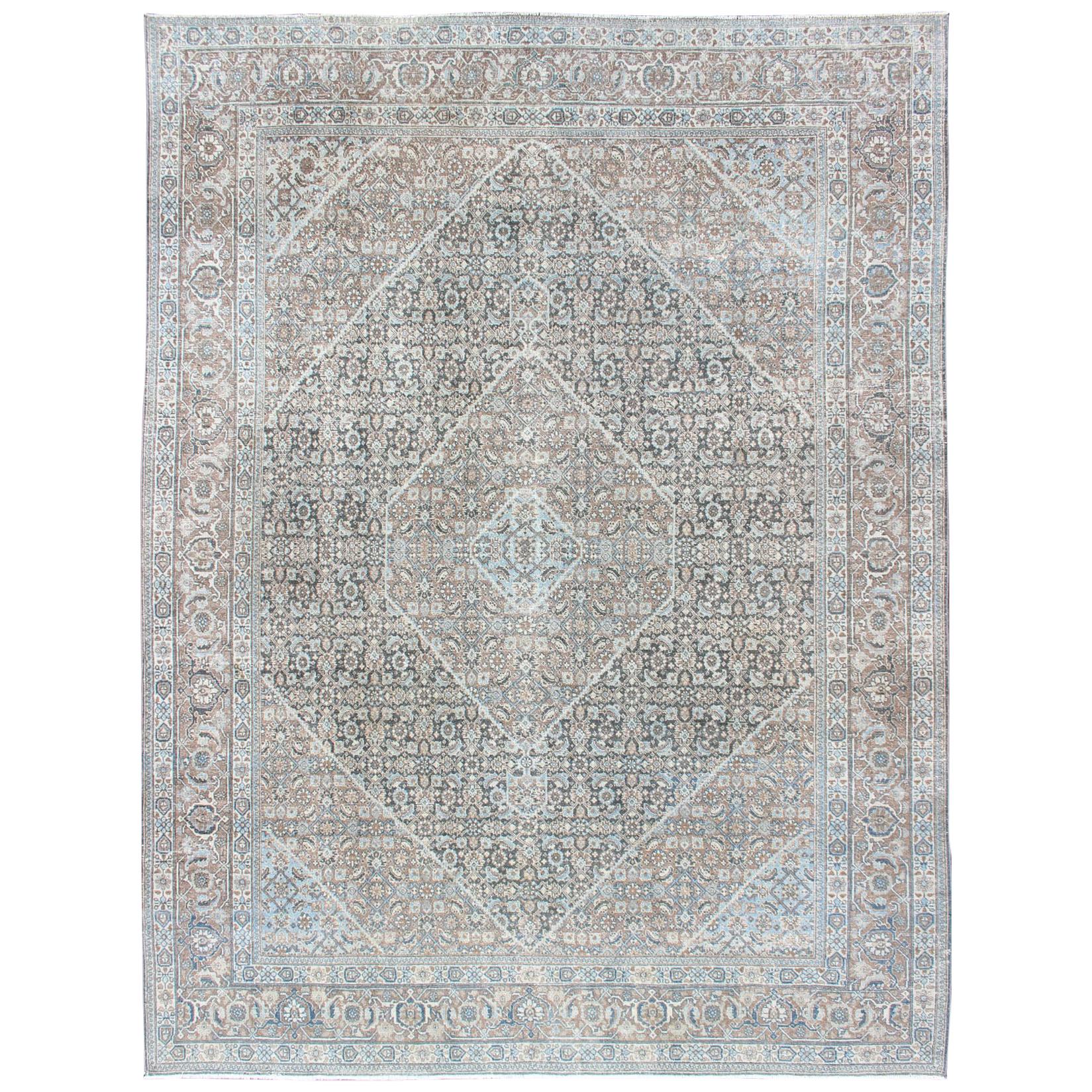 Medium Blue and Gray Background Persian Tabriz Rug with All-Over Herati Design