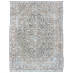 Vintage Medium Blue and Gray Background Persian Tabriz Rug with All-Over Herati Design