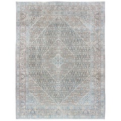 Vintage Medium Blue and Gray Background Persian Tabriz Rug with All-Over Herati Design