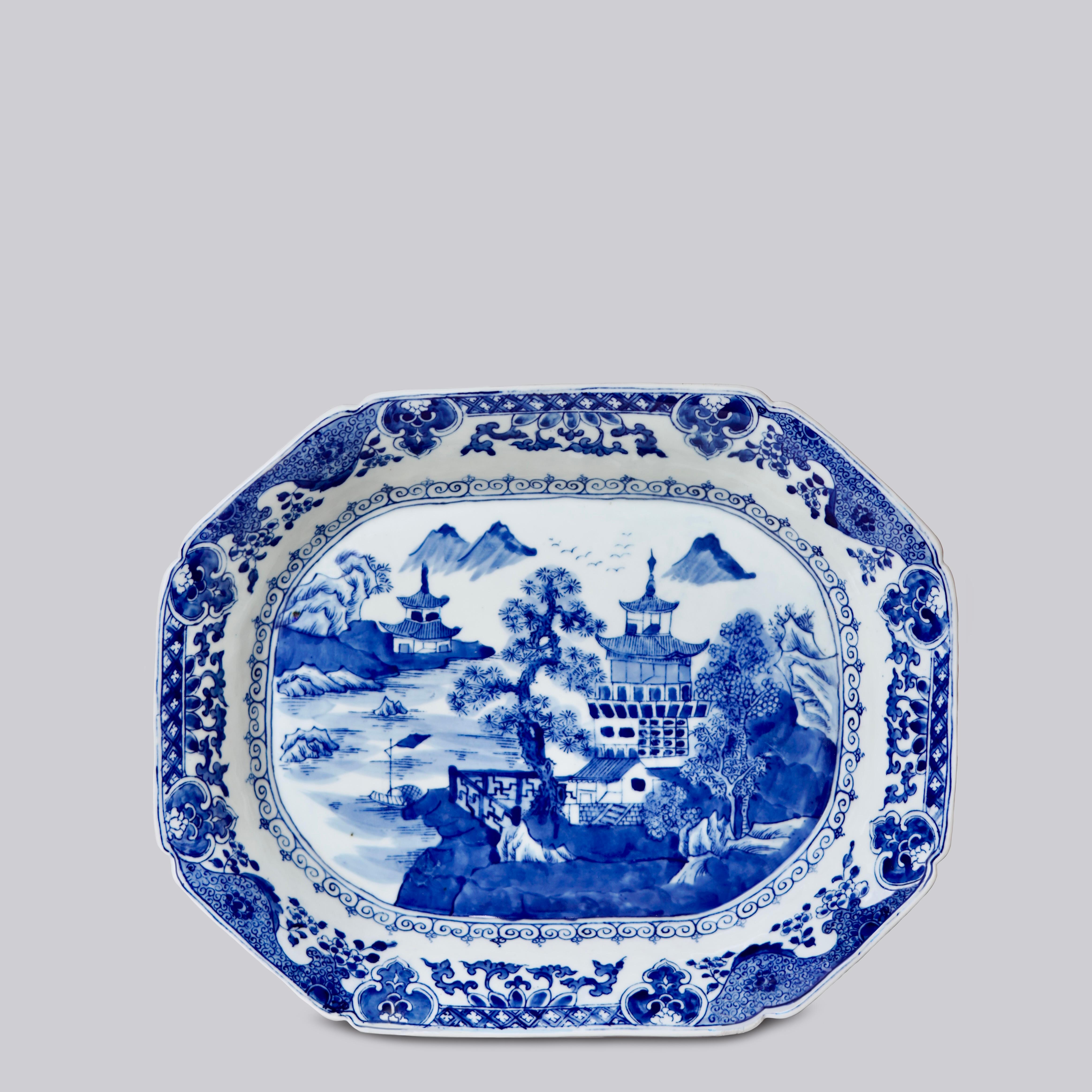 This platter is a traditional style from Jingdezhen, a town long distinguished by imperial patronage. The Willow Ware pattern is a beloved traditional Chinese style that was interpreted and reinterpreted by European potteries and is still popular