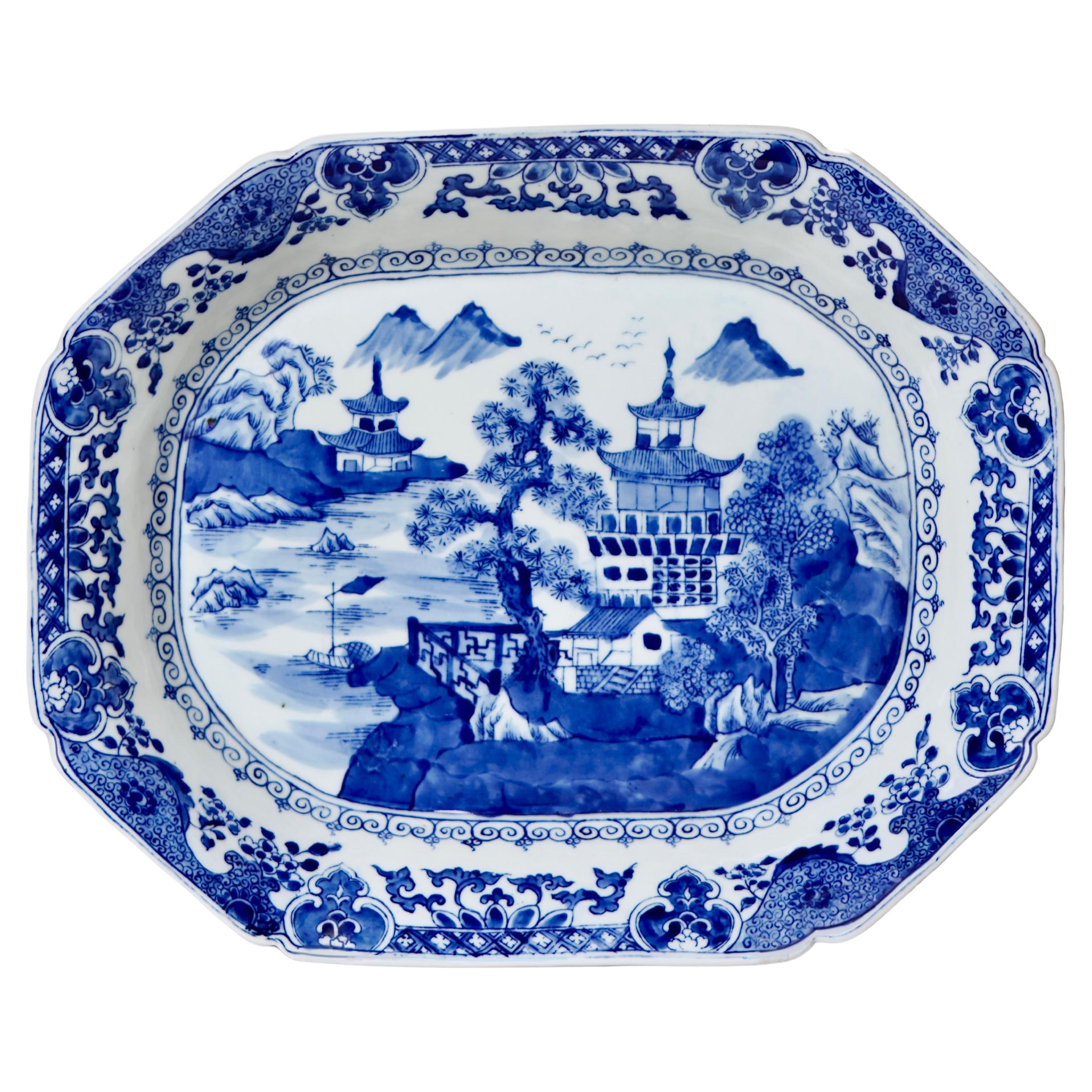 Medium Blue and White Willow Ware Octagonal Porcelain Platter For Sale