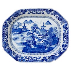 Vintage Medium Blue and White Willow Ware Octagonal Porcelain Platter