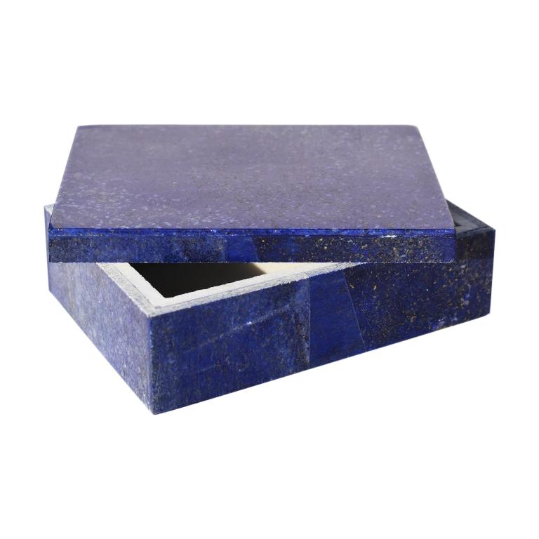 Medium Blue Lapis Lazuli and Marble Stone Rectangular Jewelry or Trinket Box